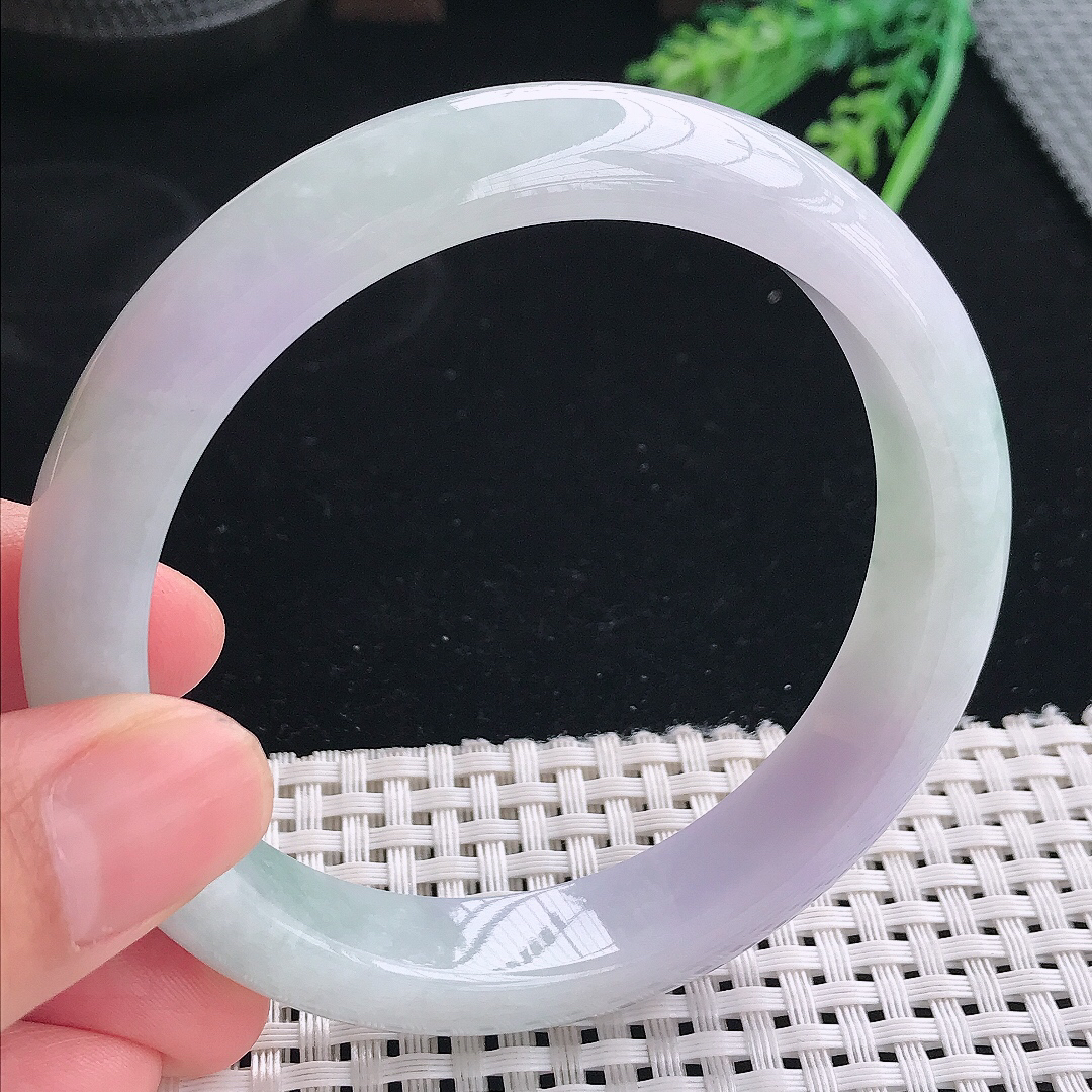 实拍天然翡翠61.5/12.9/8.5大圈口老坑冰润淡紫色手镯翡翠玉镯手环