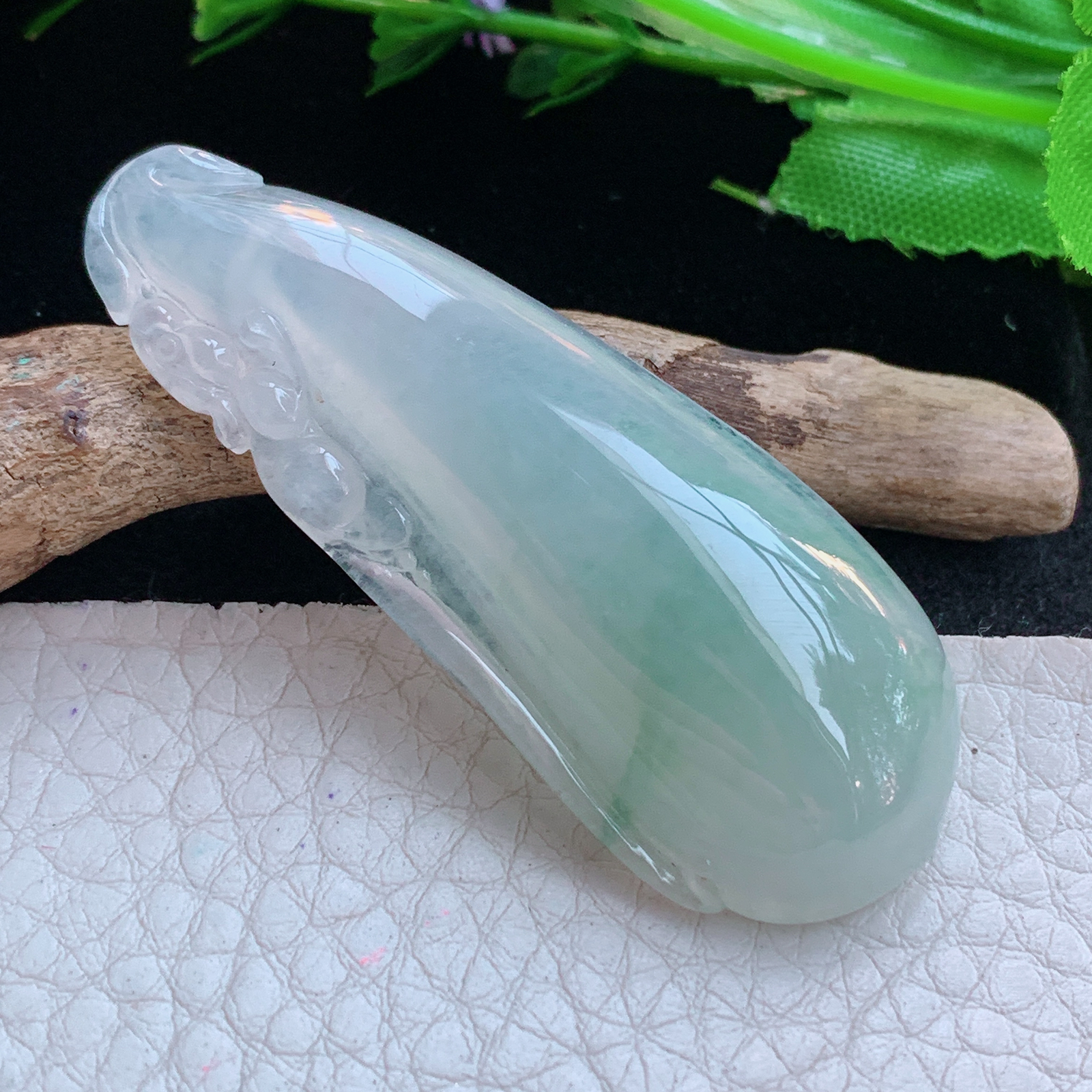 gp实拍56.5*21.6*7.6缅甸翡翠a货精雕冰飘花饱满大福瓜玉吊坠 玉挂件