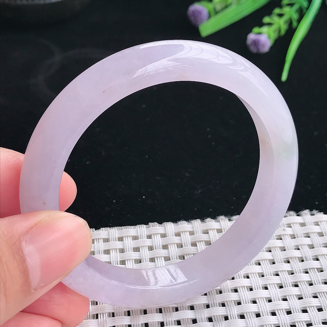 实拍天然翡翠53.5/10.1/8.2老坑冰润起胶飘紫罗兰辑手镯翡翠玉镯手环