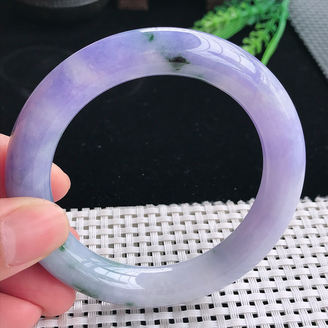 实拍天然翡翠58/11.4老坑精美浓艳紫罗兰圆条手镯翡翠玉镯手环