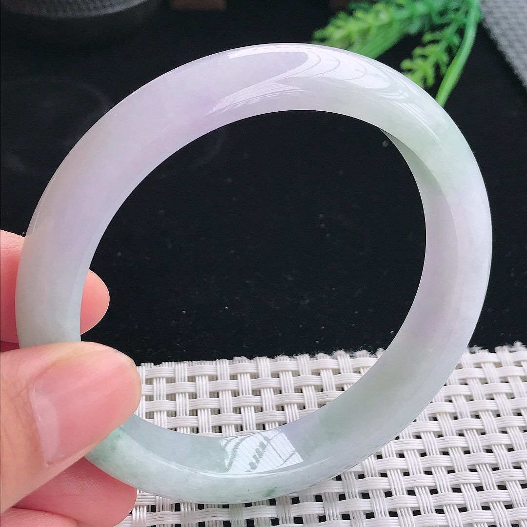 实拍天然翡翠61.5/12.9/8.5大圈口老坑冰润淡紫色手镯翡翠玉镯手环