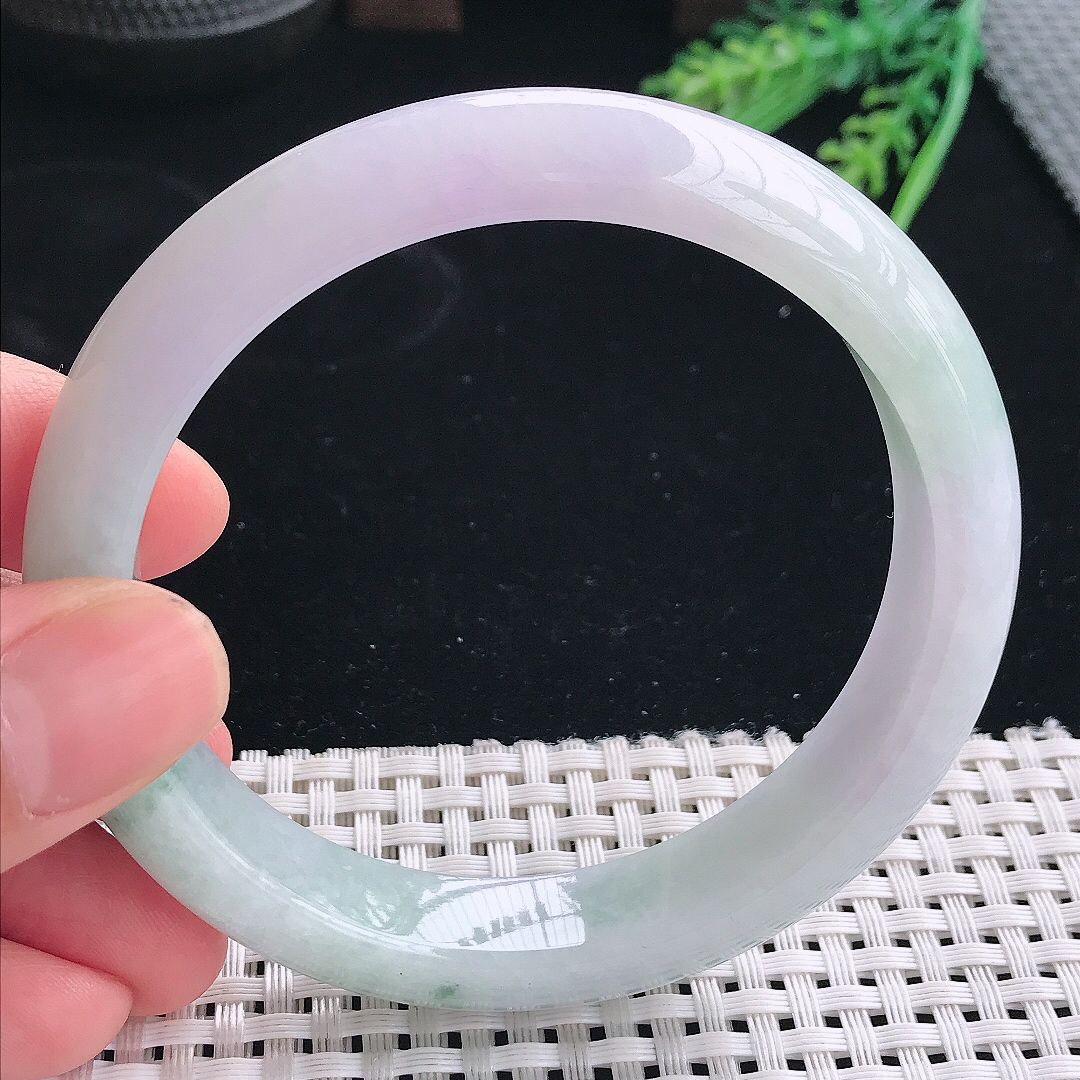 实拍天然翡翠61.5/12.9/8.5大圈口老坑冰润淡紫色手镯翡翠玉镯手环