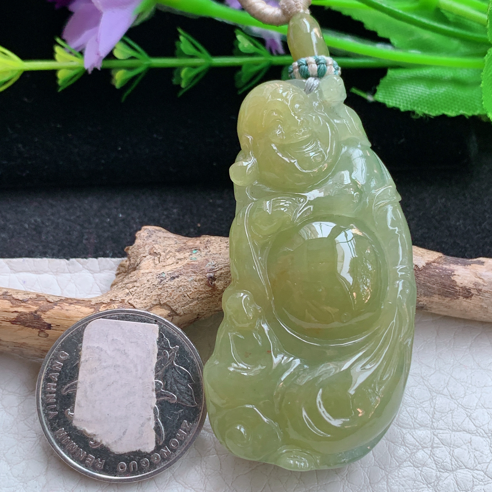 cys实拍56*30*12缅甸翡翠精雕冰黄逍遥佛 弥勒佛玉吊坠