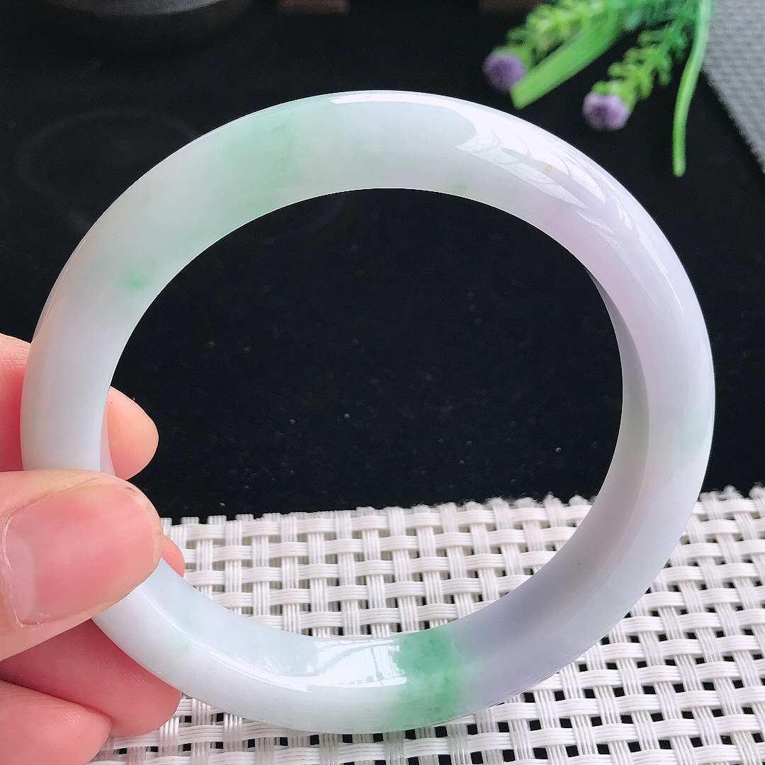 实拍天然翡翠63/11.8/9.5大圈口老坑温润春带彩手镯翡翠玉镯手环