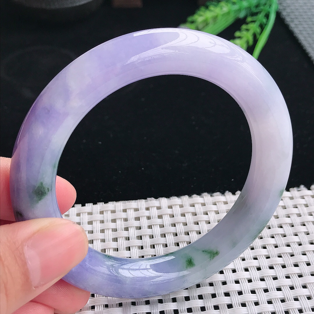 实拍天然翡翠58/11.4老坑精美浓艳紫罗兰圆条手镯翡翠玉镯手环