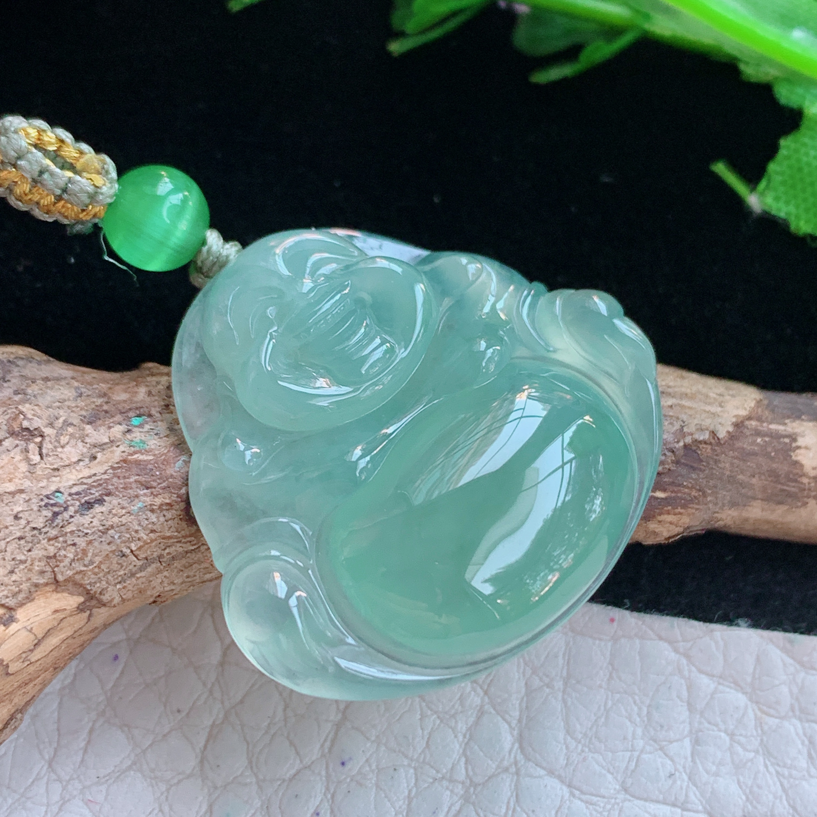 gp实拍28.3*30.5*6缅甸翡翠a货精雕冰绿佛公 弥勒佛玉吊坠 玉挂件