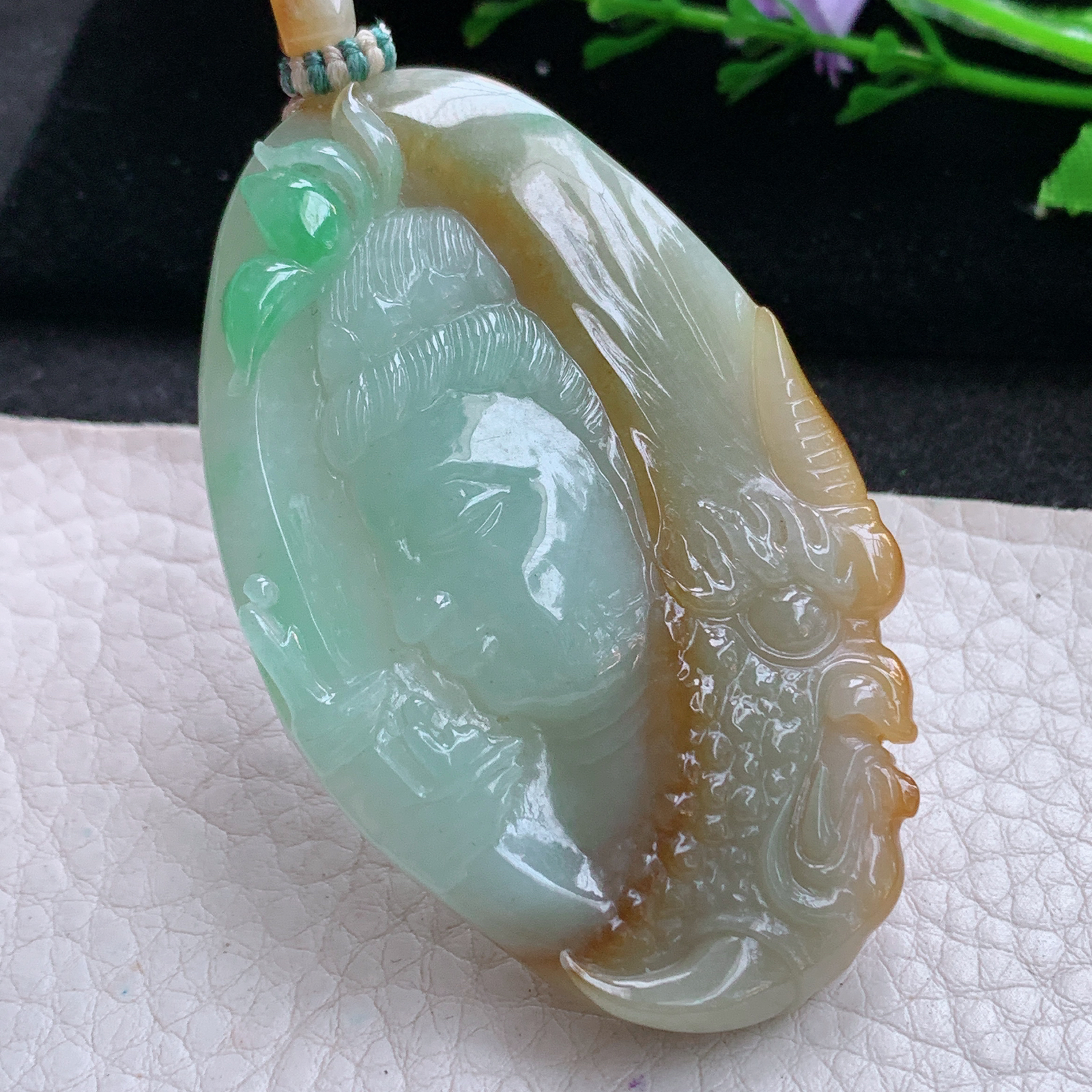 cys实拍63*39*7.6缅甸翡翠精雕三彩一念之间 佛祖玉吊坠 玉挂件