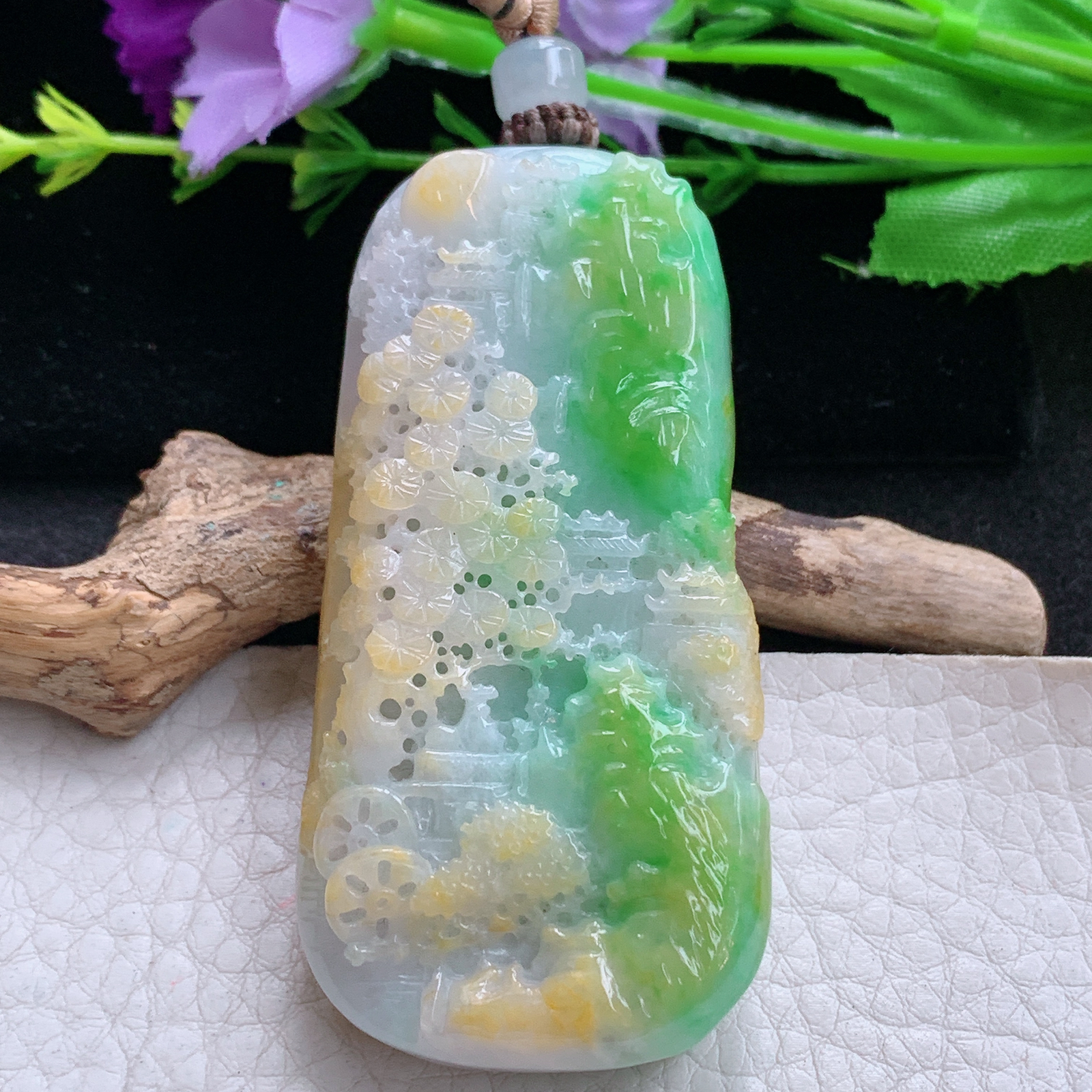 cys实拍65.8*32.5*15缅甸翡翠精雕三彩水润山水 大好河山玉吊坠