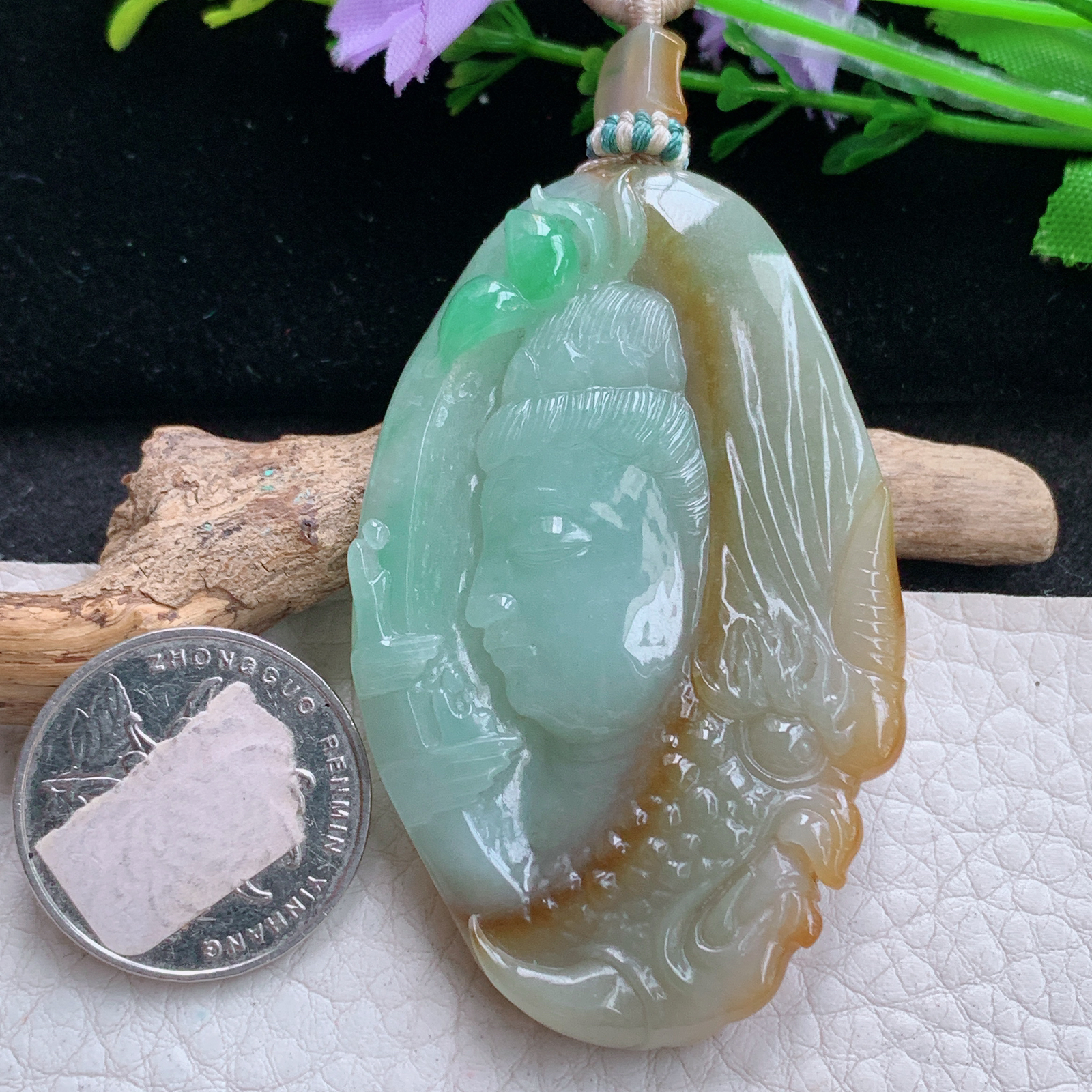 cys实拍63*39*7.6缅甸翡翠精雕三彩一念之间 佛祖玉吊坠 玉挂件