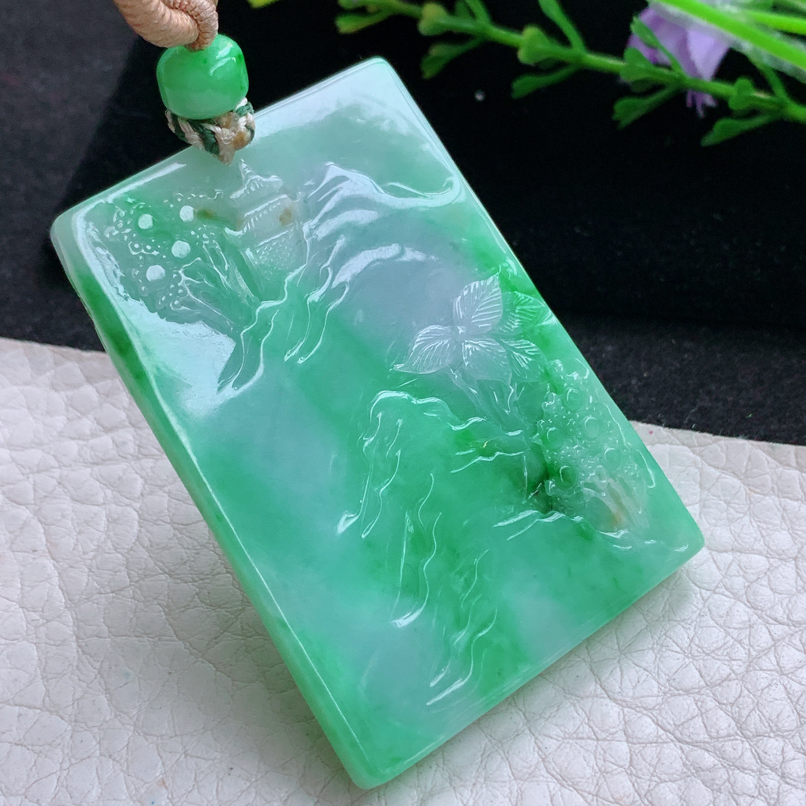 cys实拍53.3*37.8*8缅甸翡翠a货精雕辣绿山水 大好河山玉吊坠 玉挂件