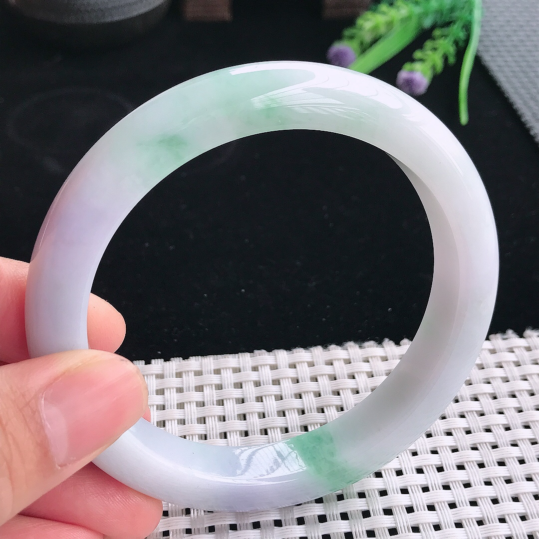 实拍天然翡翠63/11.8/9.5大圈口老坑温润春带彩手镯翡翠玉镯手环