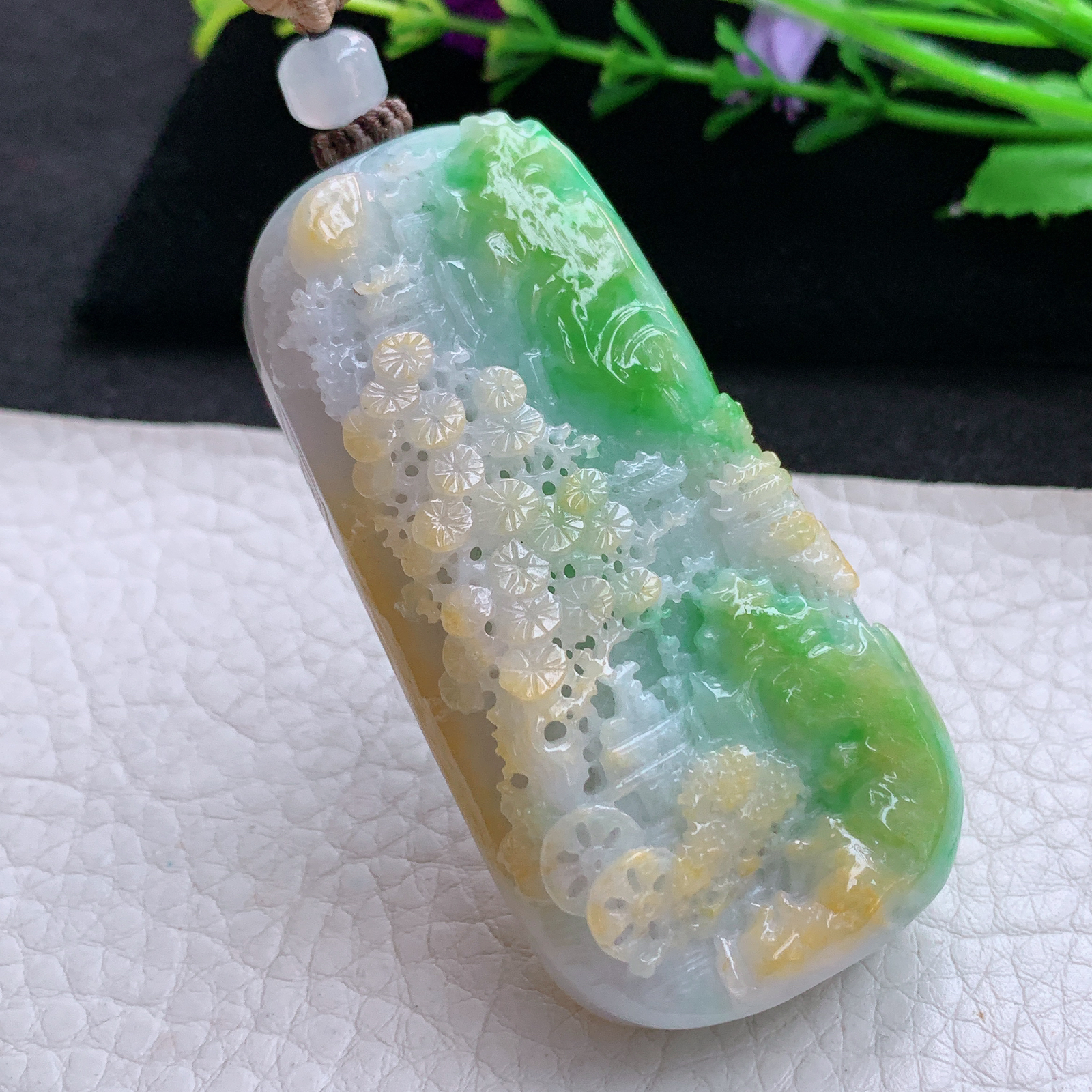 cys实拍65.8*32.5*15缅甸翡翠精雕三彩水润山水 大好河山玉吊坠