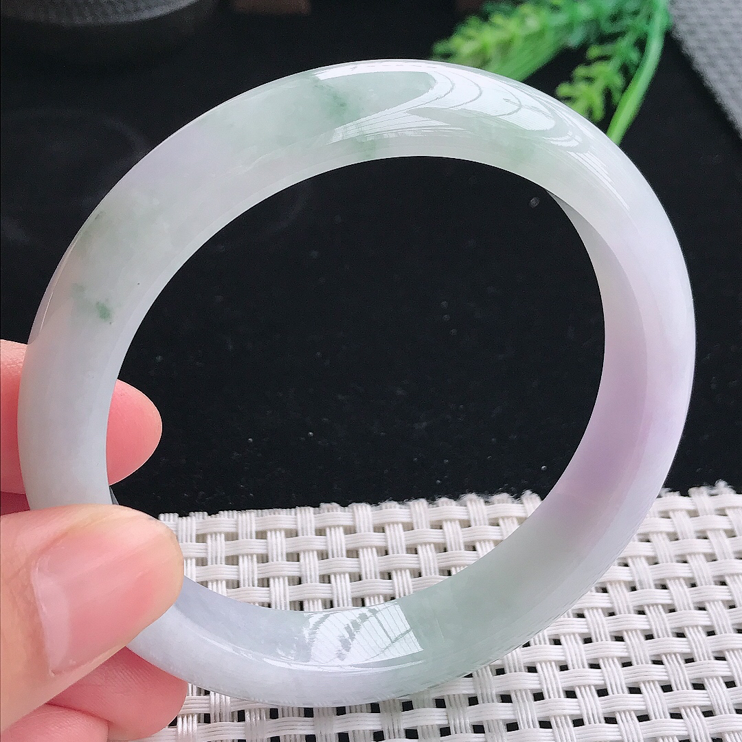 实拍天然翡翠61.5/12.9/8.5大圈口老坑冰润淡紫色手镯翡翠玉镯手环