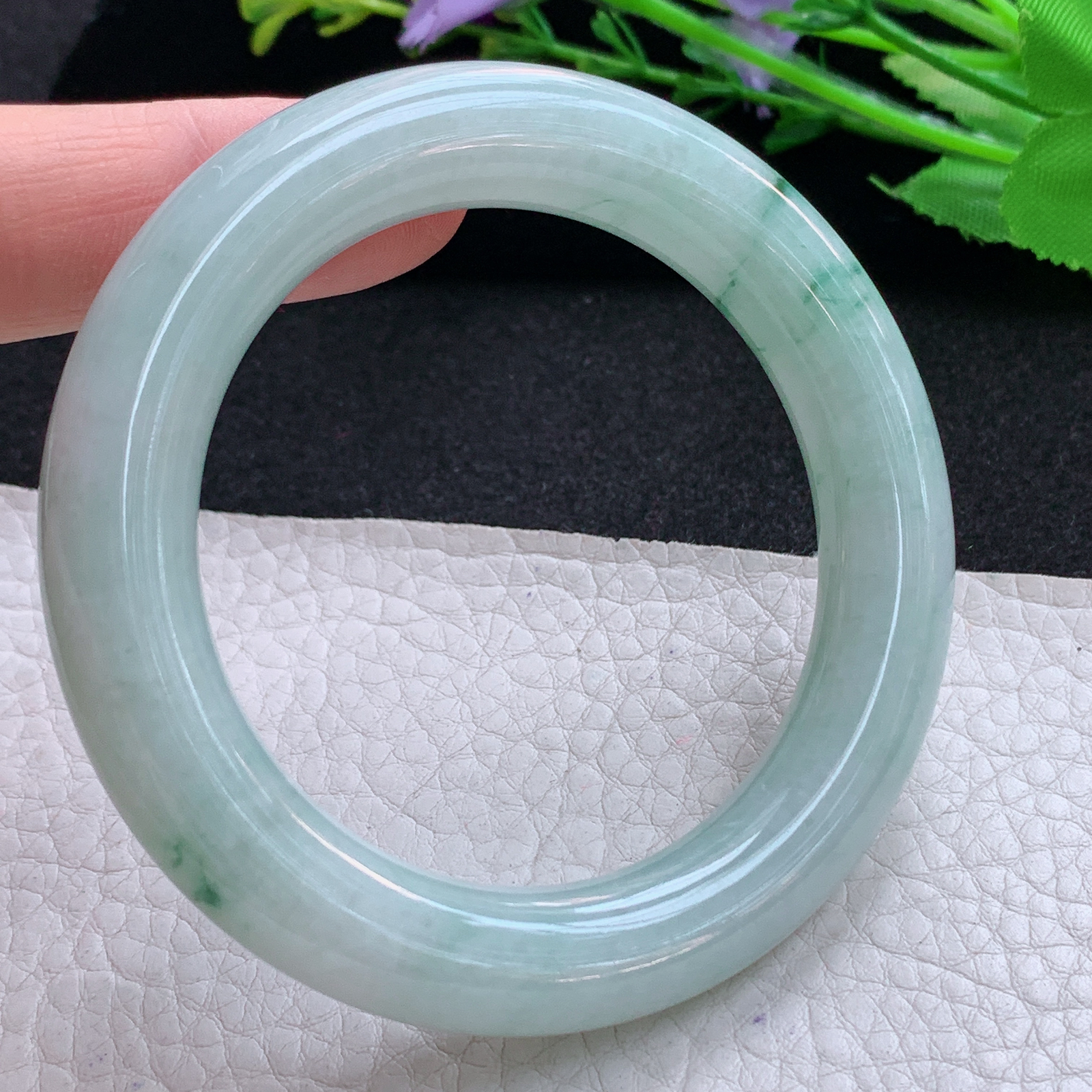 js小圈口52*11.3*10.8美人镯 天然缅甸翡翠A货玉手镯水润飘花胖圆条