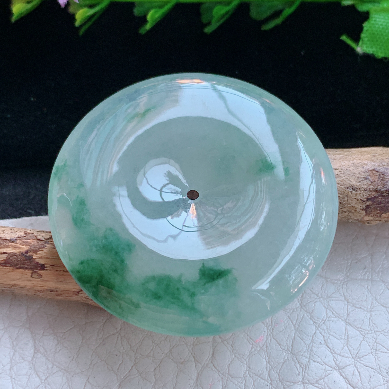 gp实拍39.8*6.5缅甸翡翠a货精雕冰飘花大平安扣 玉扣玉吊坠 玉挂件