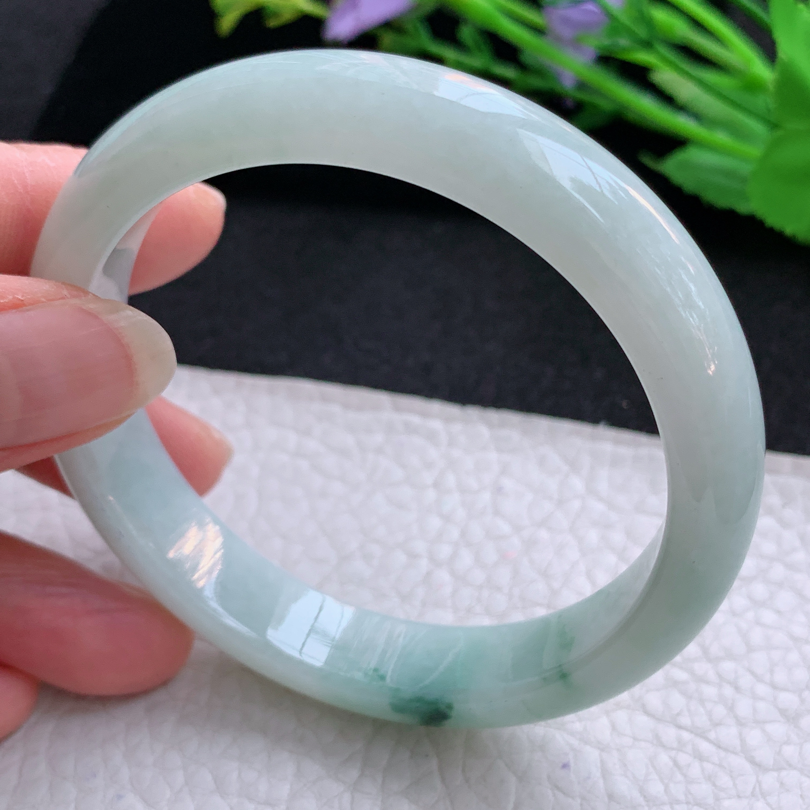 js实拍58*12.2*7.7平安镯 天然缅甸翡翠A货玉手镯水润飘花宽边玉手环