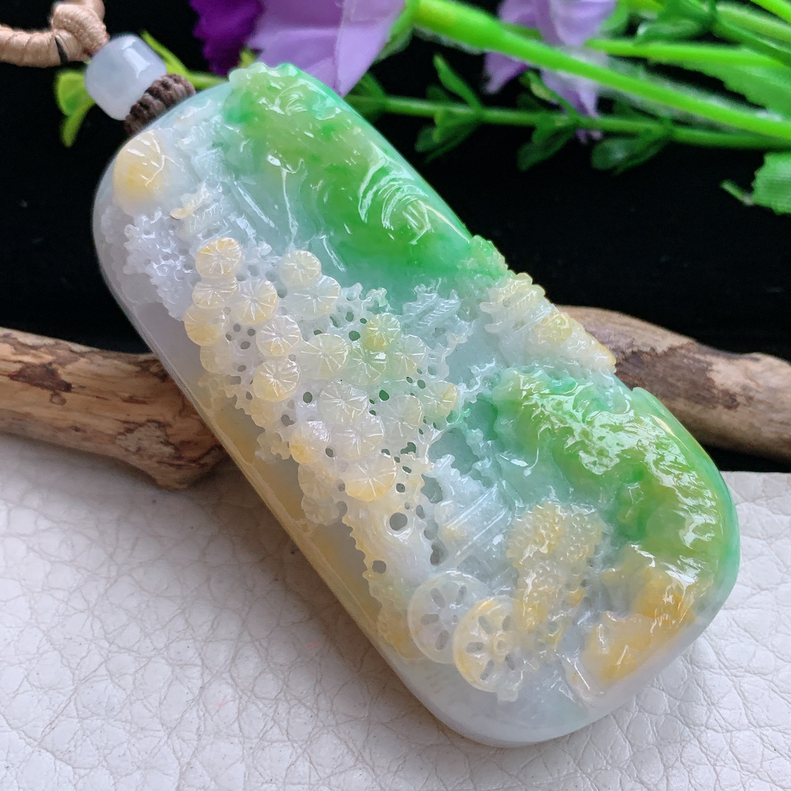 cys实拍65.8*32.5*15缅甸翡翠精雕三彩水润山水 大好河山玉吊坠