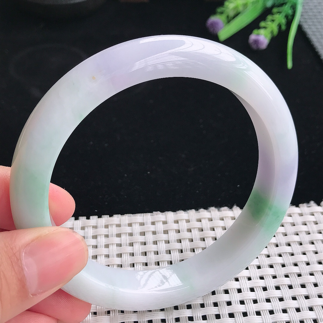 实拍天然翡翠63/11.8/9.5大圈口老坑温润春带彩手镯翡翠玉镯手环