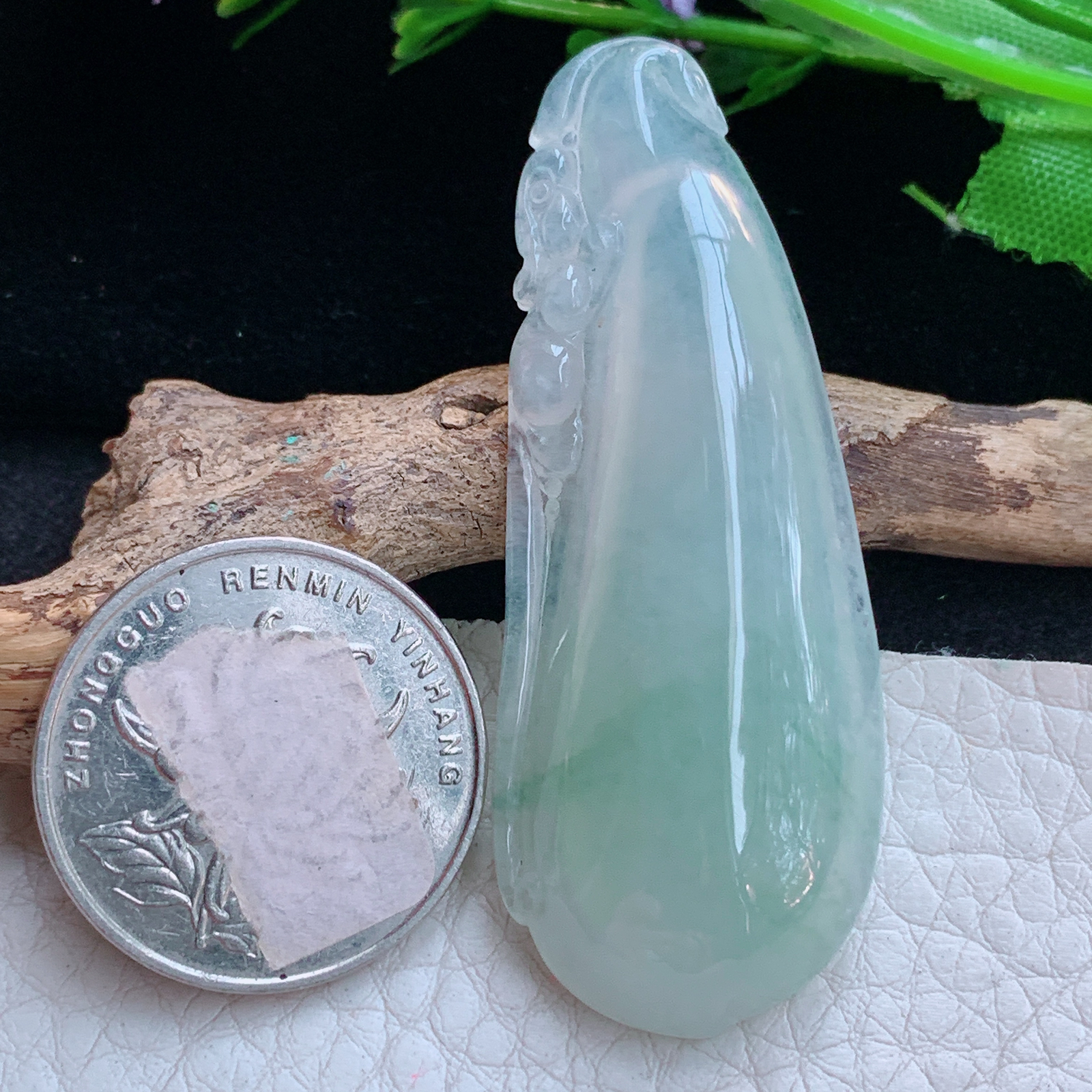 gp实拍56.5*21.6*7.6缅甸翡翠a货精雕冰飘花饱满大福瓜玉吊坠 玉挂件