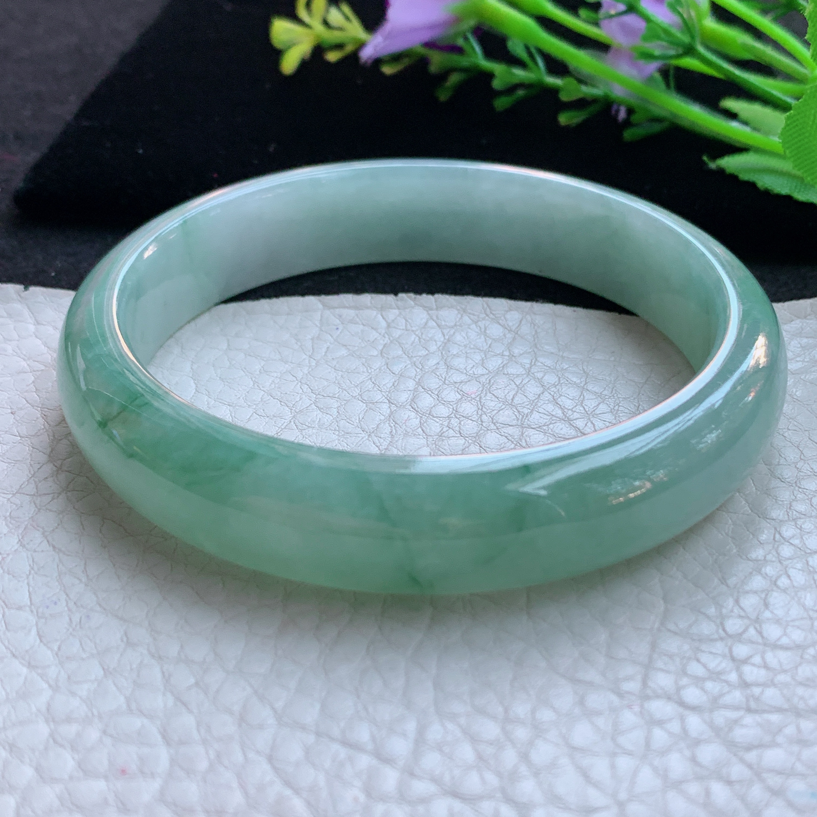 nr大圈口65*14*8平安镯 天然缅甸翡翠A货玉手镯飘花胶感宽边玉手环