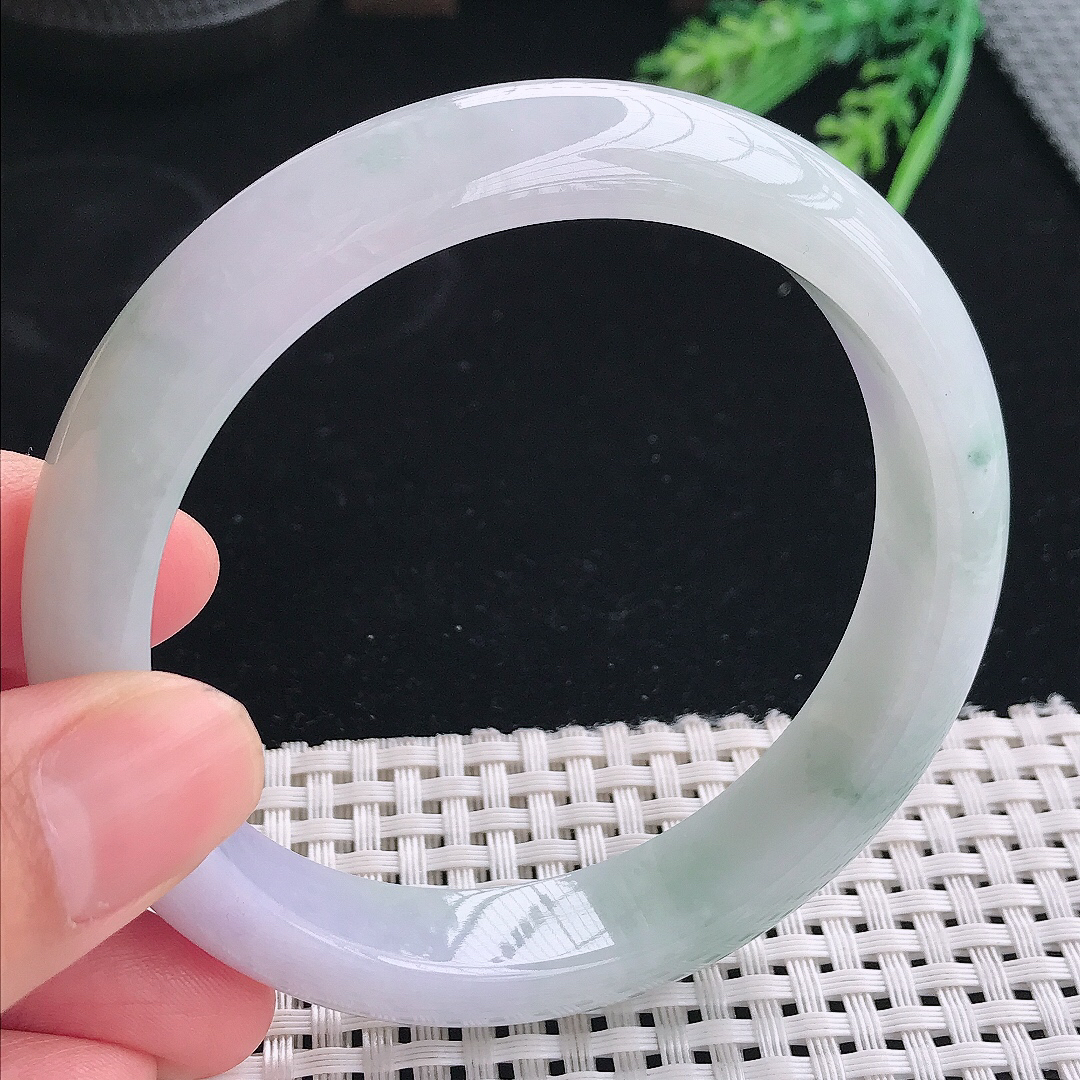 实拍天然翡翠61.5/12.9/8.5大圈口老坑冰润淡紫色手镯翡翠玉镯手环