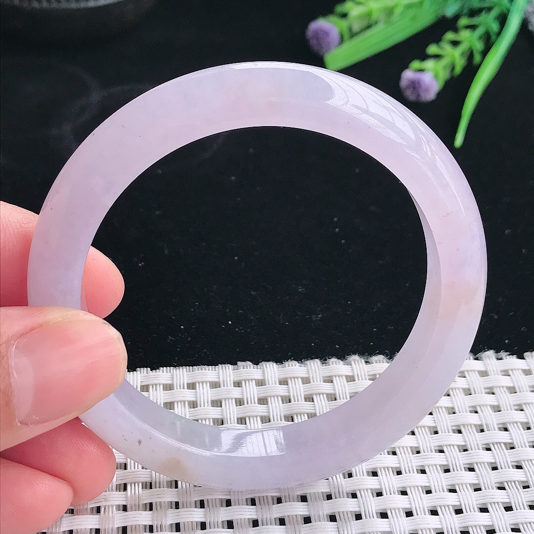 实拍天然翡翠53.5/10.1/8.2老坑冰润起胶飘紫罗兰辑手镯翡翠玉镯手环