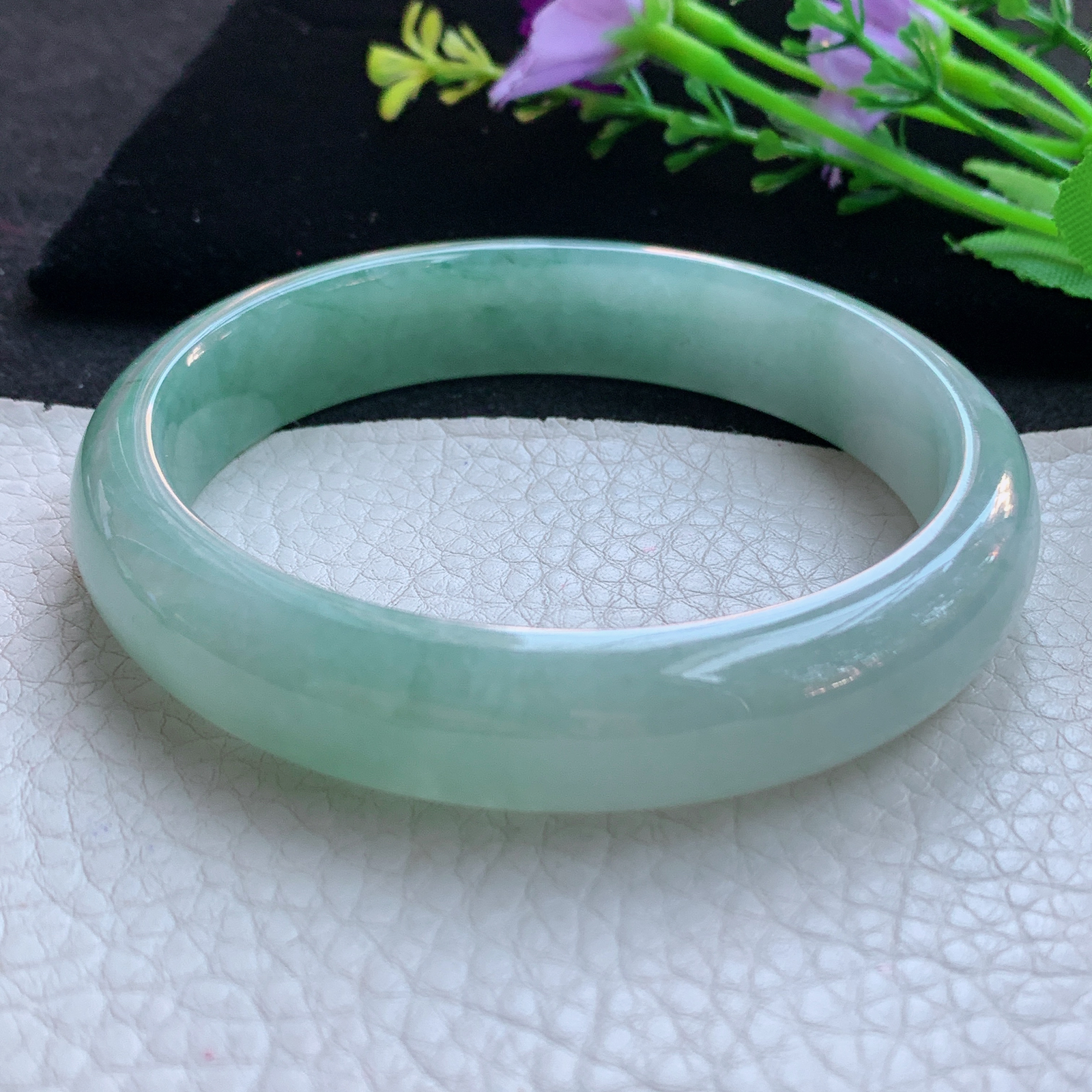 nr大圈口65*14*8平安镯 天然缅甸翡翠A货玉手镯飘花胶感宽边玉手环