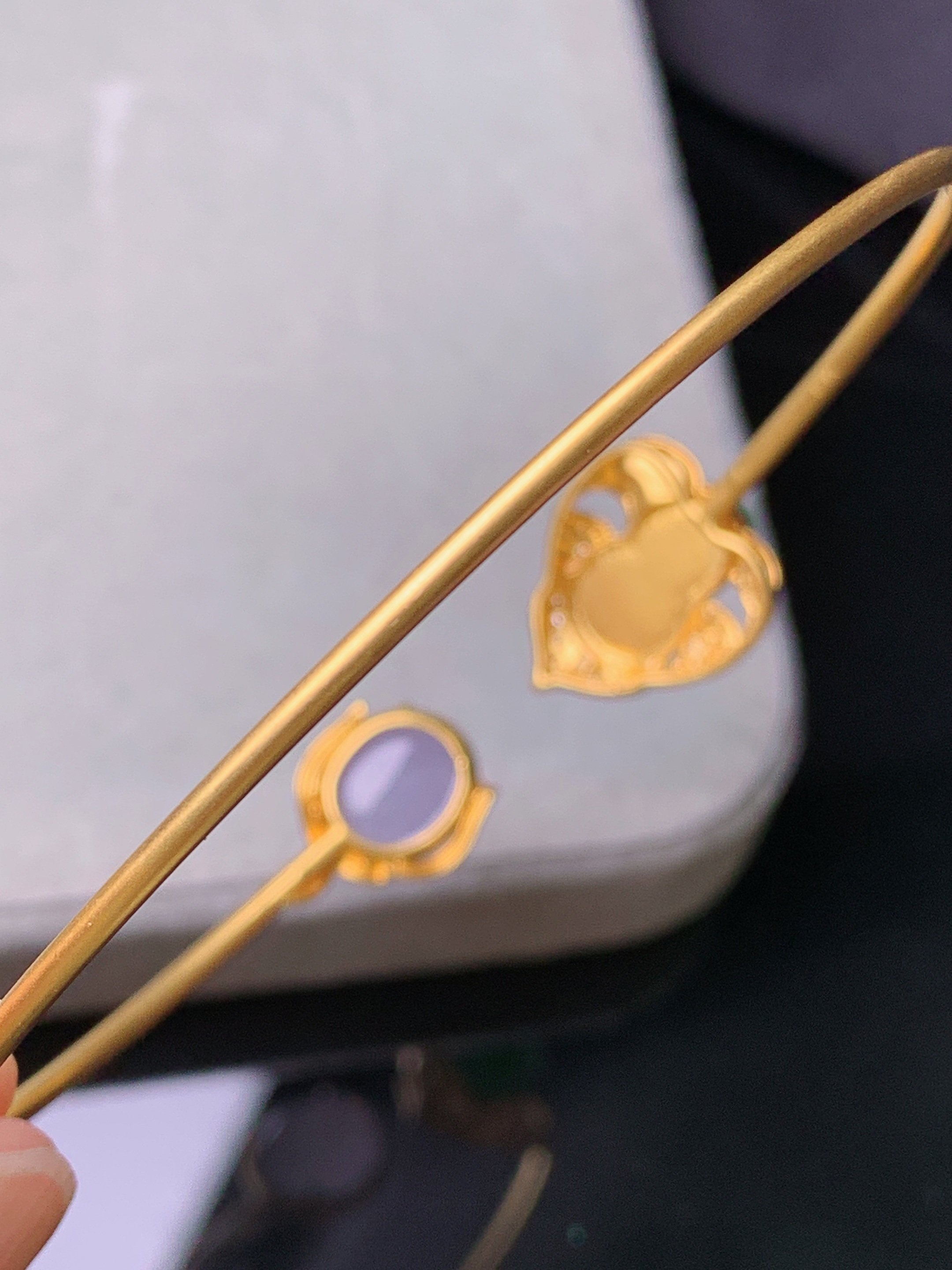 18k金钻镶嵌翠绿葫芦组合紫罗兰蛋面手镯 玉质细腻 色泽艳丽 圈口59 整体尺寸11.3*7*3x2