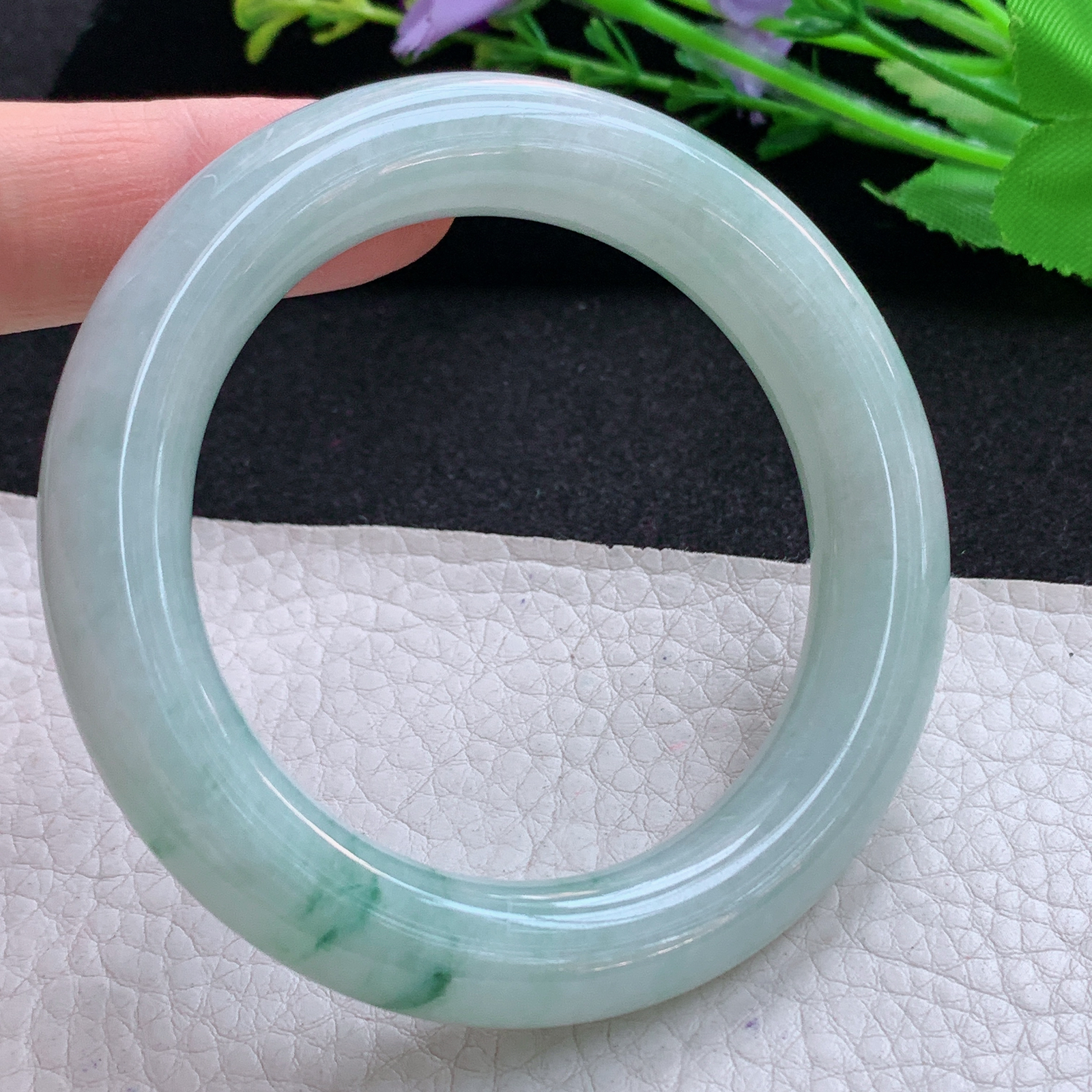 js小圈口52*11.3*10.8美人镯 天然缅甸翡翠A货玉手镯水润飘花胖圆条