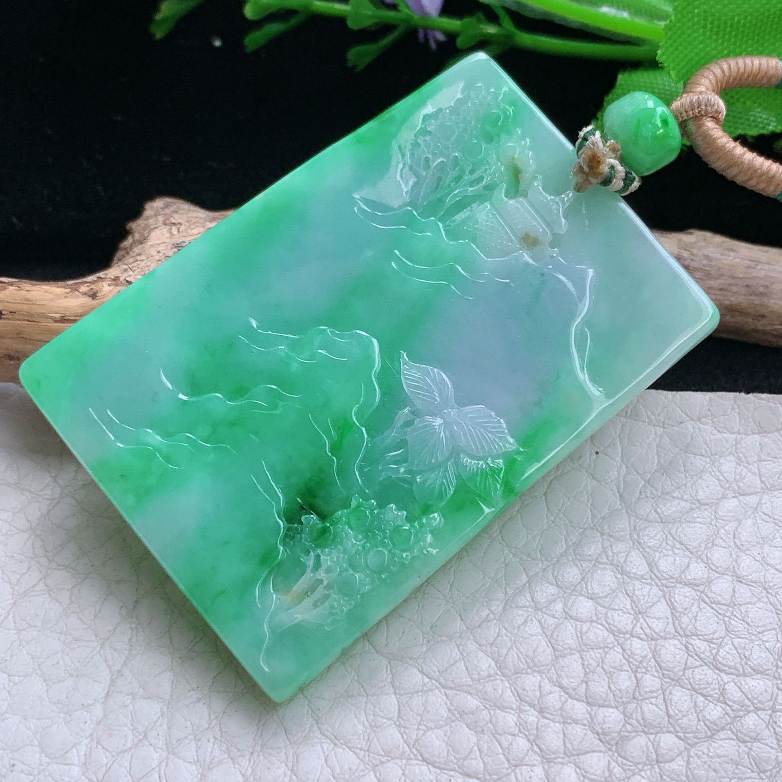 cys实拍53.3*37.8*8缅甸翡翠a货精雕辣绿山水 大好河山玉吊坠 玉挂件