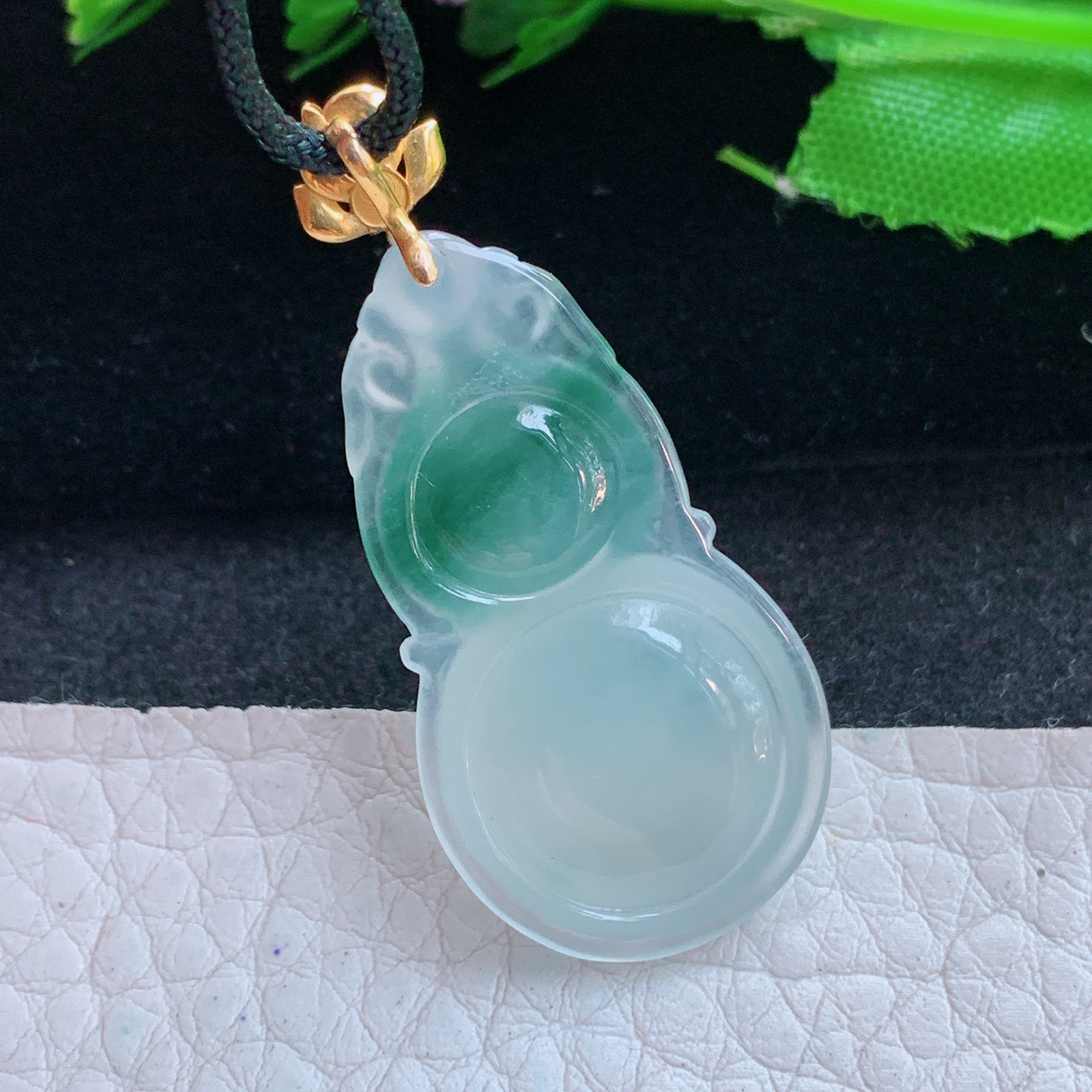 gp实拍40.6*18*6缅甸翡翠a货精雕冰飘花饱满葫芦玉吊坠 玉挂件