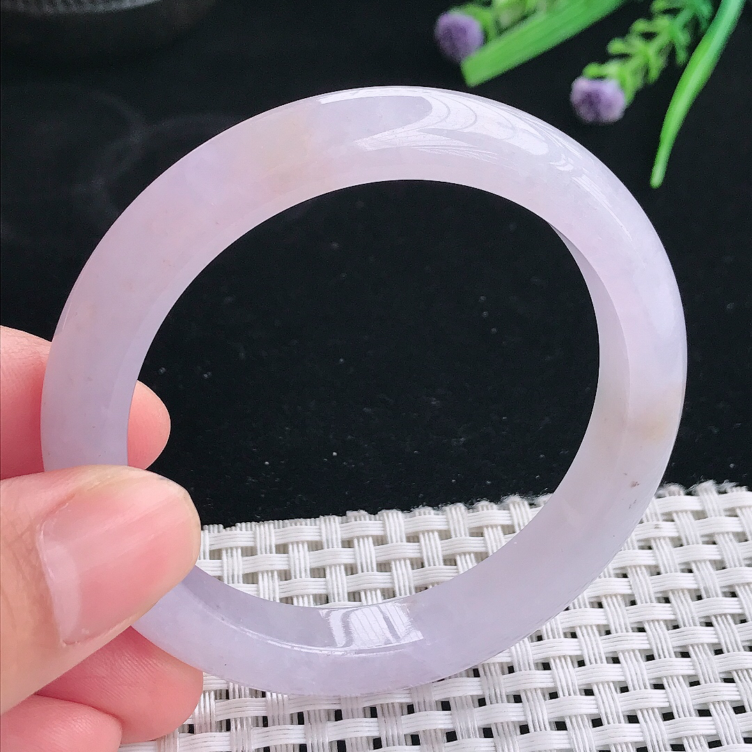 实拍天然翡翠53.5/10.1/8.2老坑冰润起胶飘紫罗兰辑手镯翡翠玉镯手环