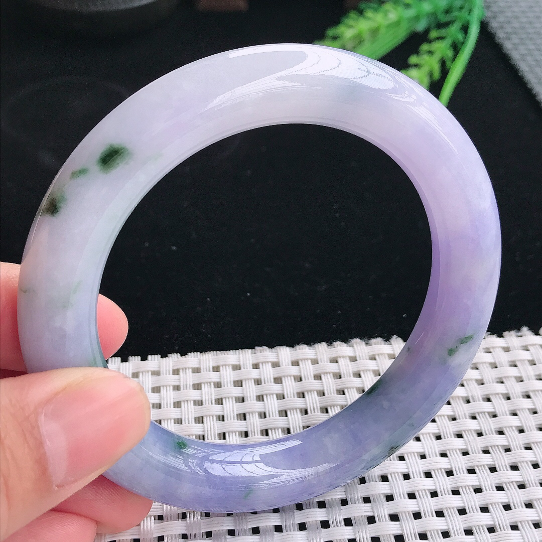 实拍天然翡翠58/11.4老坑精美浓艳紫罗兰圆条手镯翡翠玉镯手环
