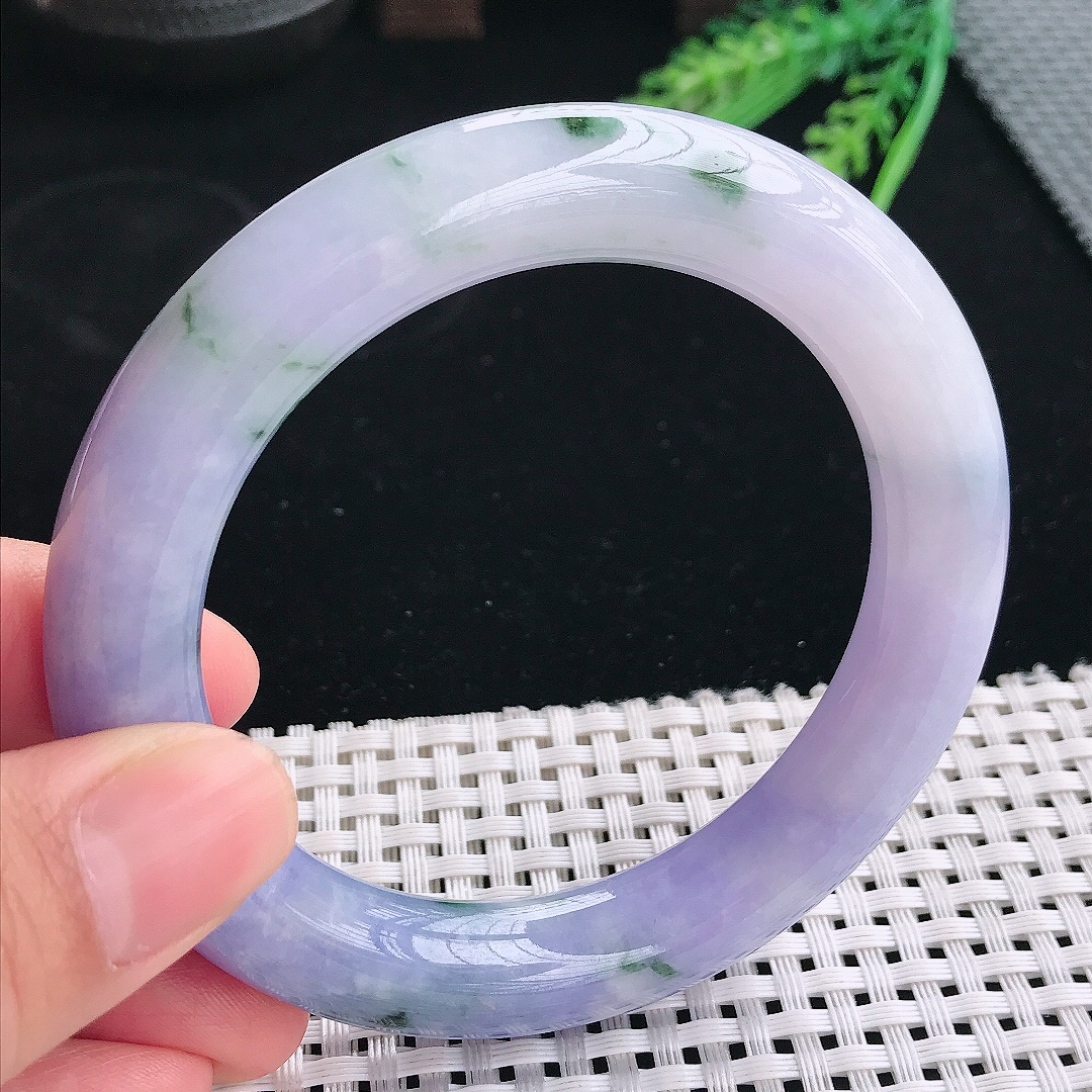 实拍天然翡翠58/11.4老坑精美浓艳紫罗兰圆条手镯翡翠玉镯手环