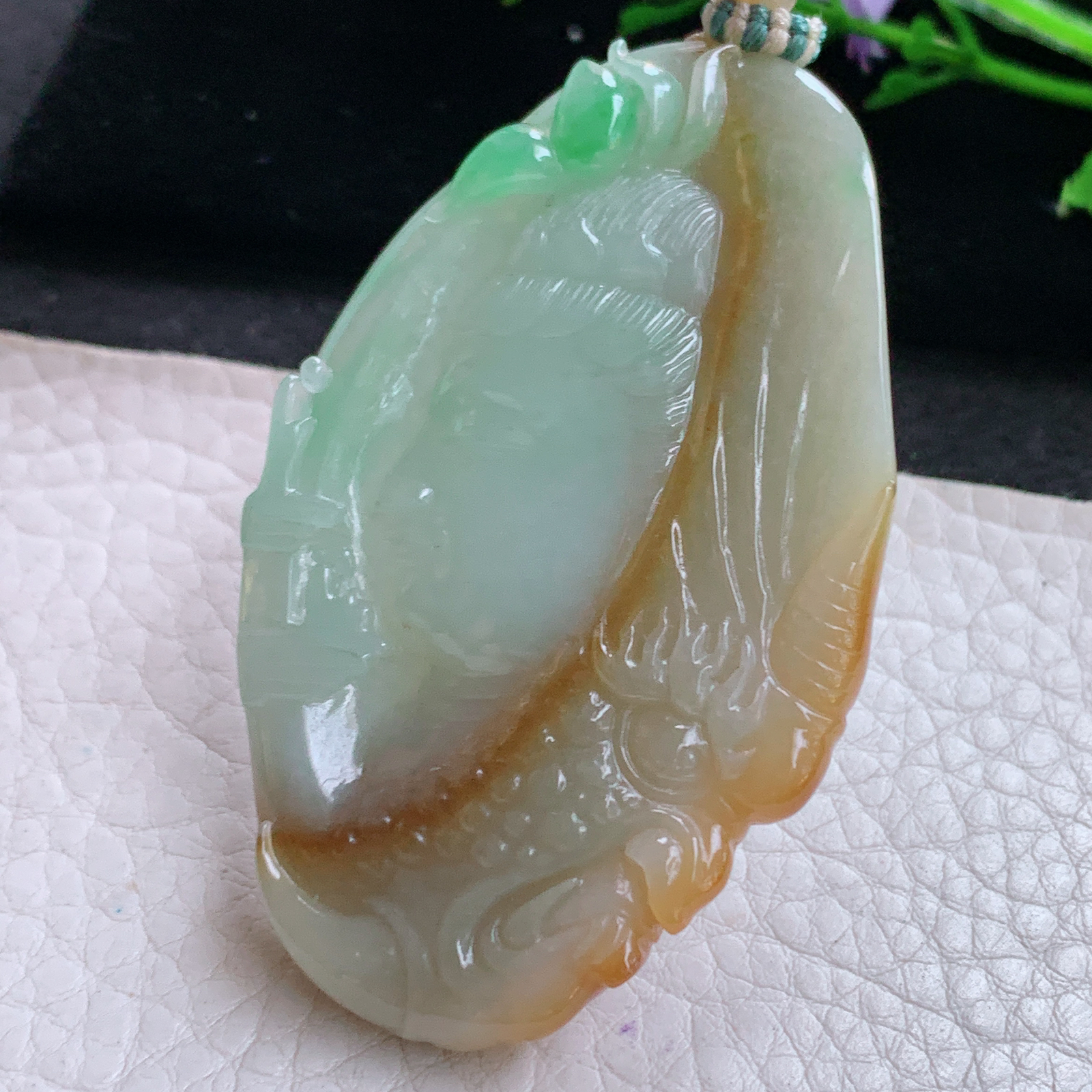 cys实拍63*39*7.6缅甸翡翠精雕三彩一念之间 佛祖玉吊坠 玉挂件