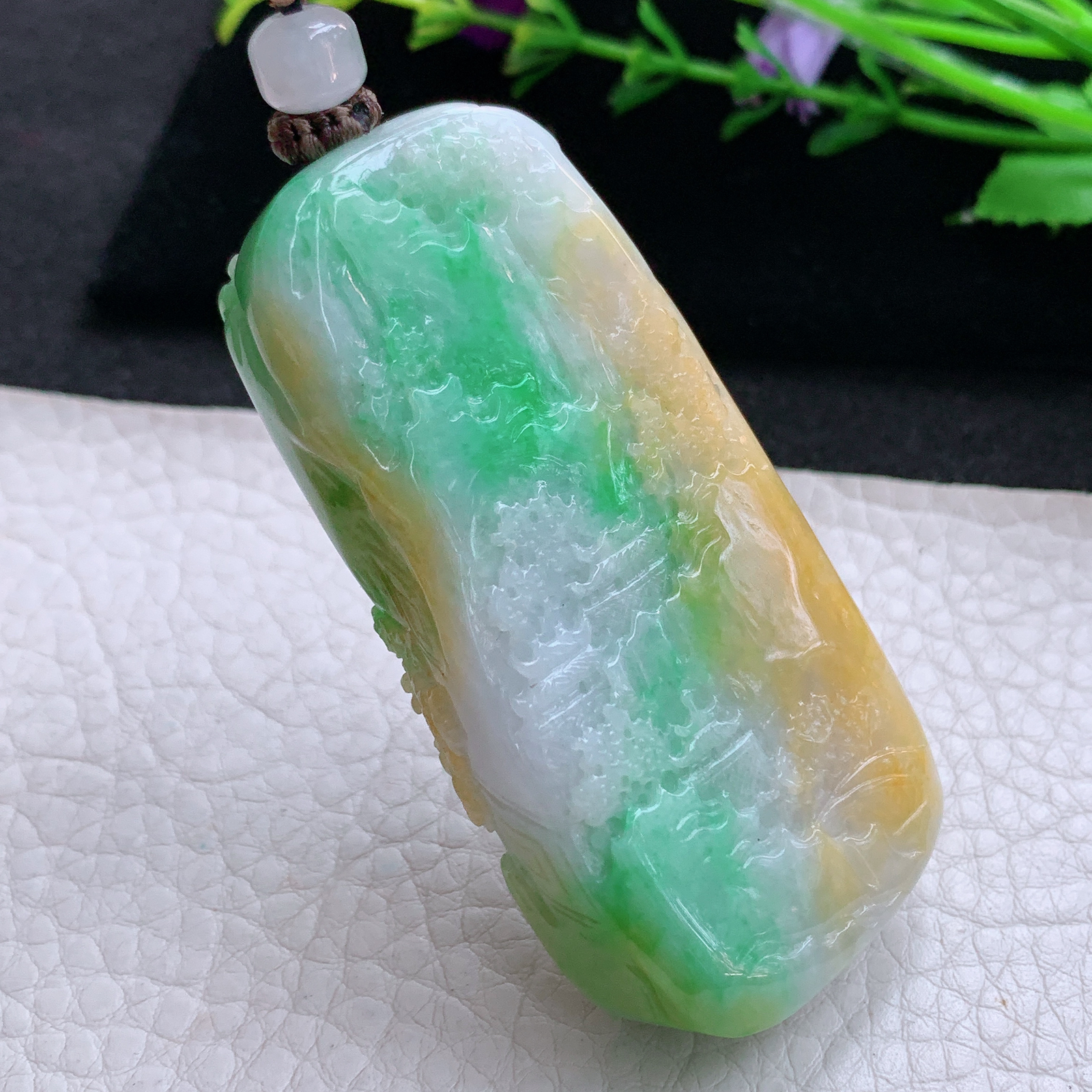 cys实拍65.8*32.5*15缅甸翡翠精雕三彩水润山水 大好河山玉吊坠