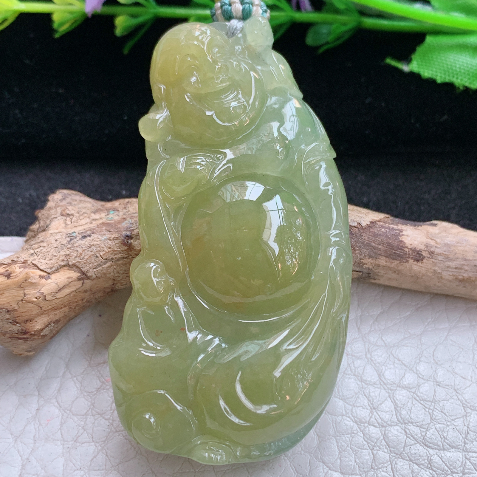 cys实拍56*30*12缅甸翡翠精雕冰黄逍遥佛 弥勒佛玉吊坠