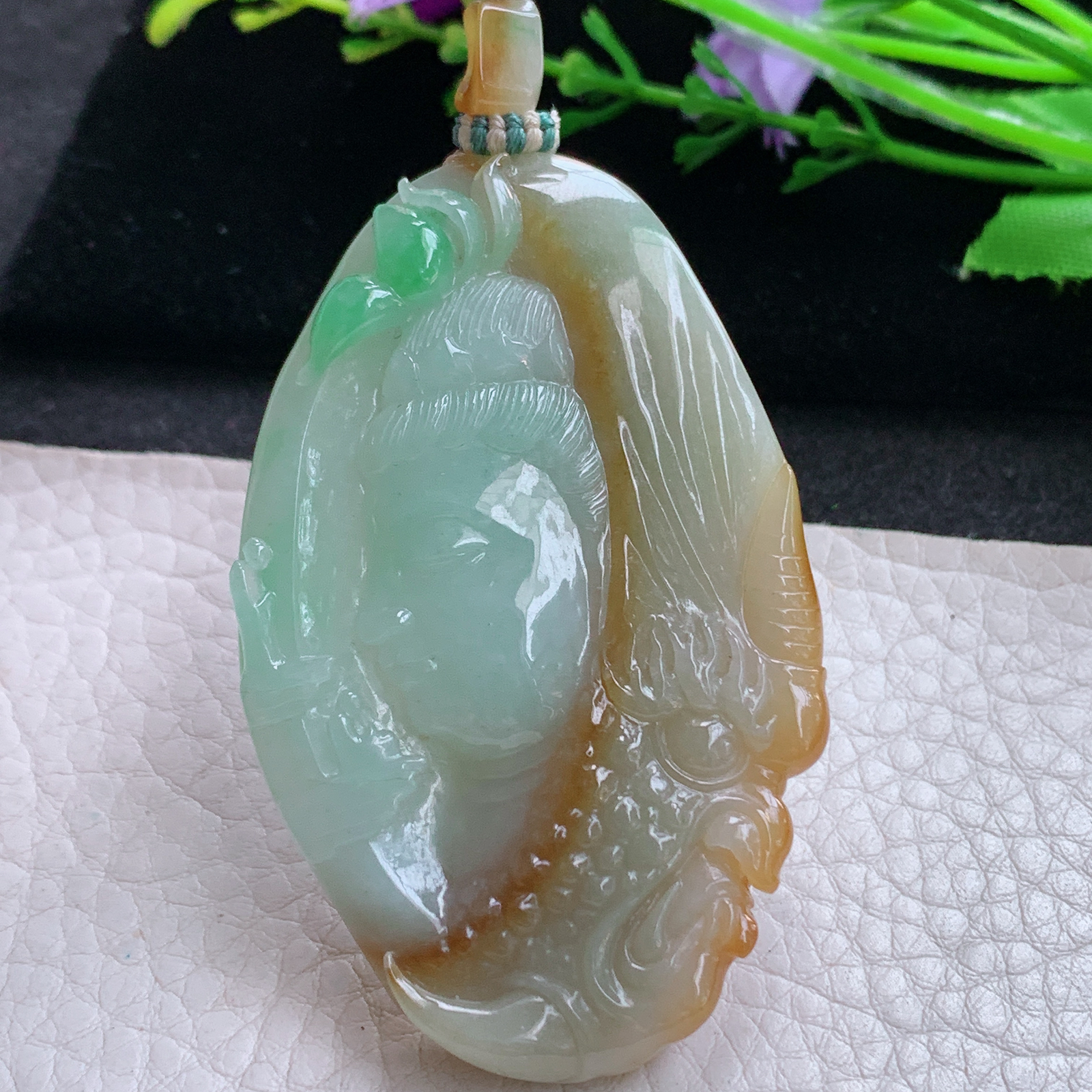 cys实拍63*39*7.6缅甸翡翠精雕三彩一念之间 佛祖玉吊坠 玉挂件