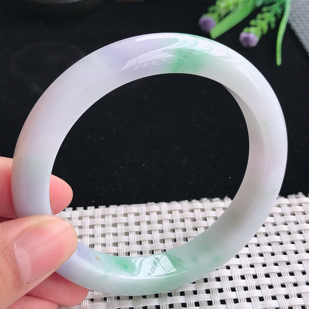 实拍天然翡翠63/11.8/9.5大圈口老坑温润春带彩手镯翡翠玉镯手环