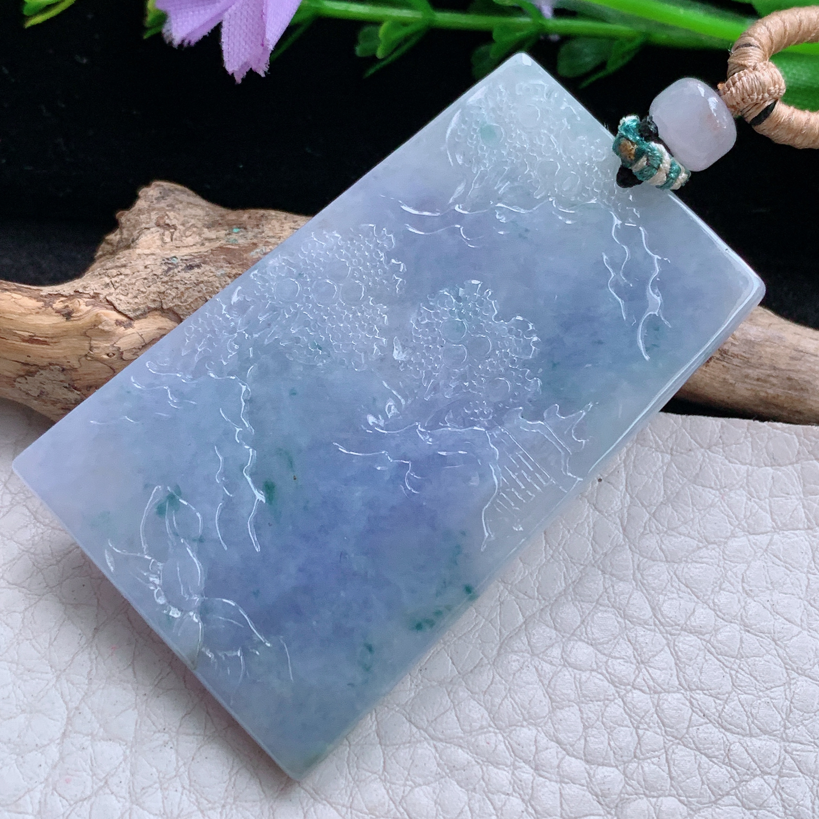 cys实拍56*34.5*6缅甸翡翠精雕紫罗兰山水 大好河山玉吊坠