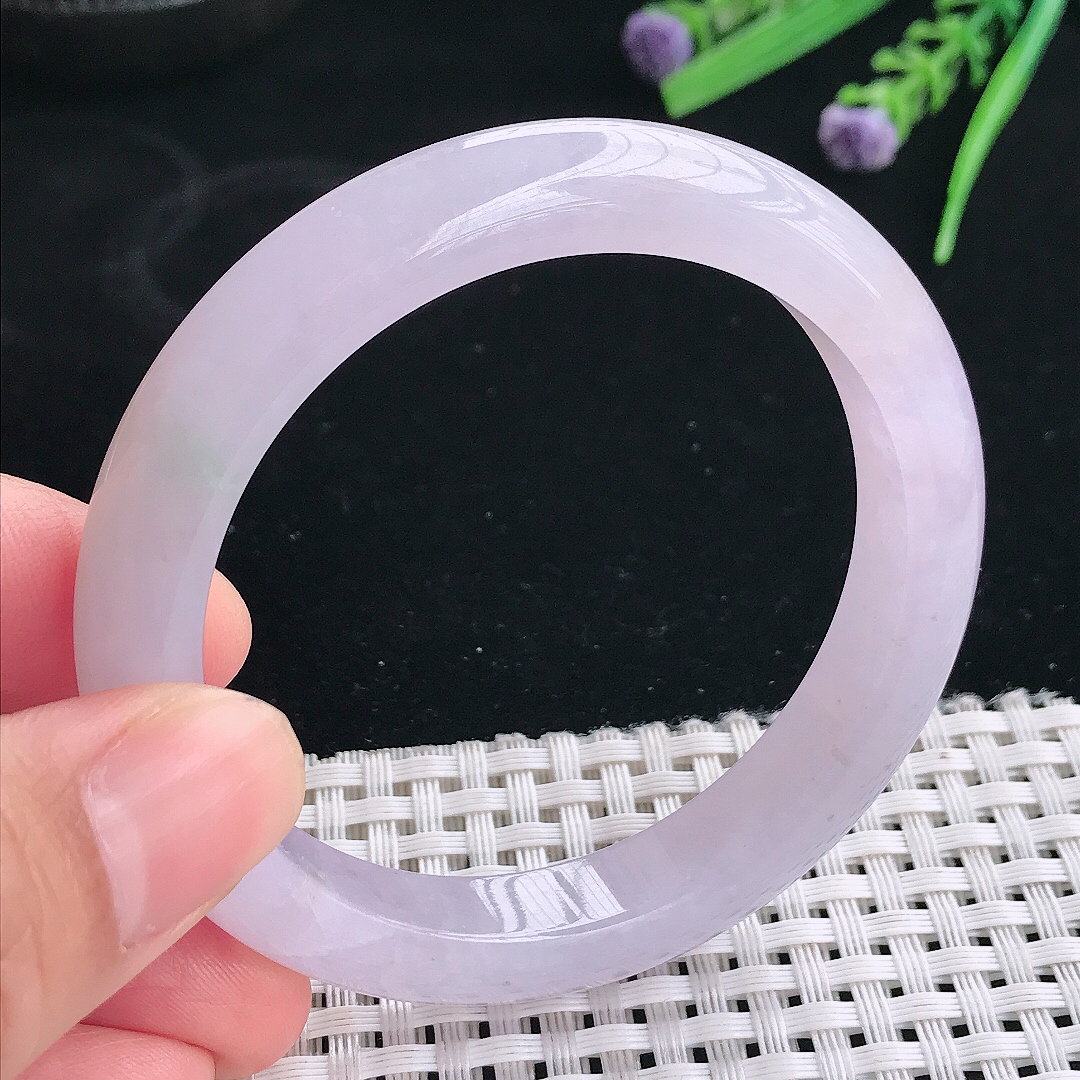 实拍天然翡翠53.5/10.1/8.2老坑冰润起胶飘紫罗兰辑手镯翡翠玉镯手环