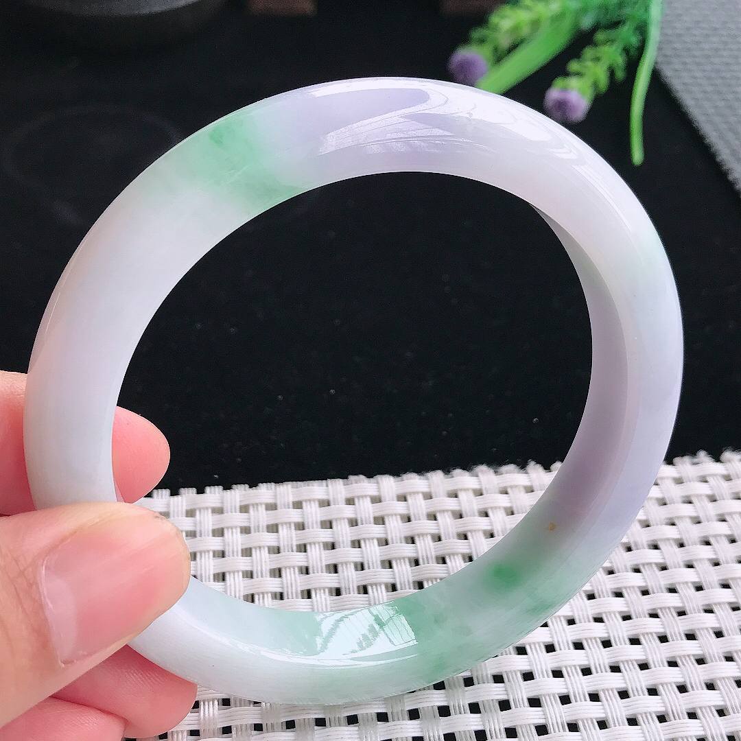 实拍天然翡翠63/11.8/9.5大圈口老坑温润春带彩手镯翡翠玉镯手环