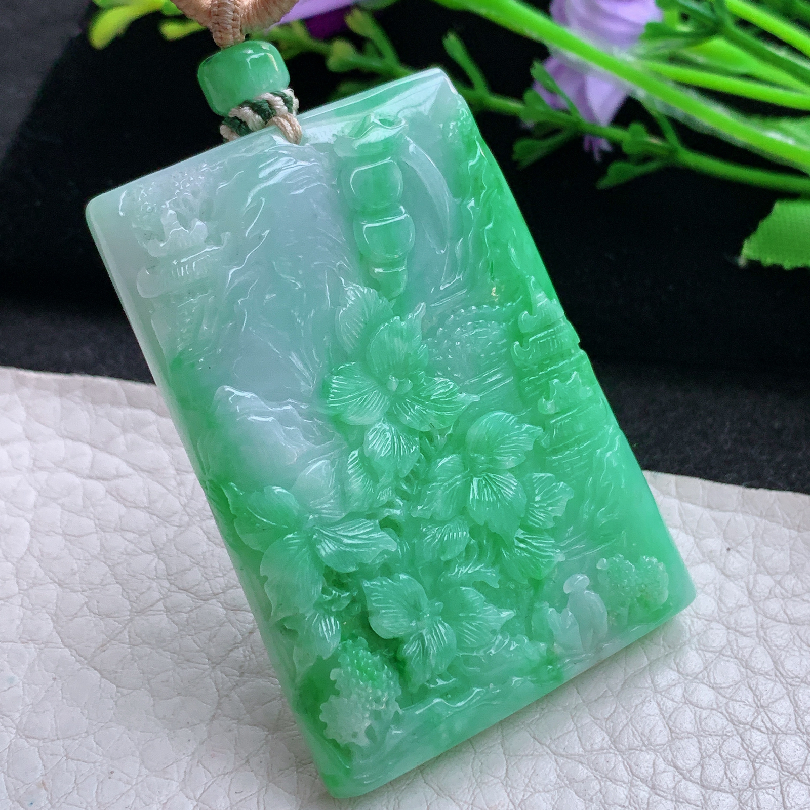 cys实拍53.3*37.8*8缅甸翡翠a货精雕辣绿山水 大好河山玉吊坠 玉挂件