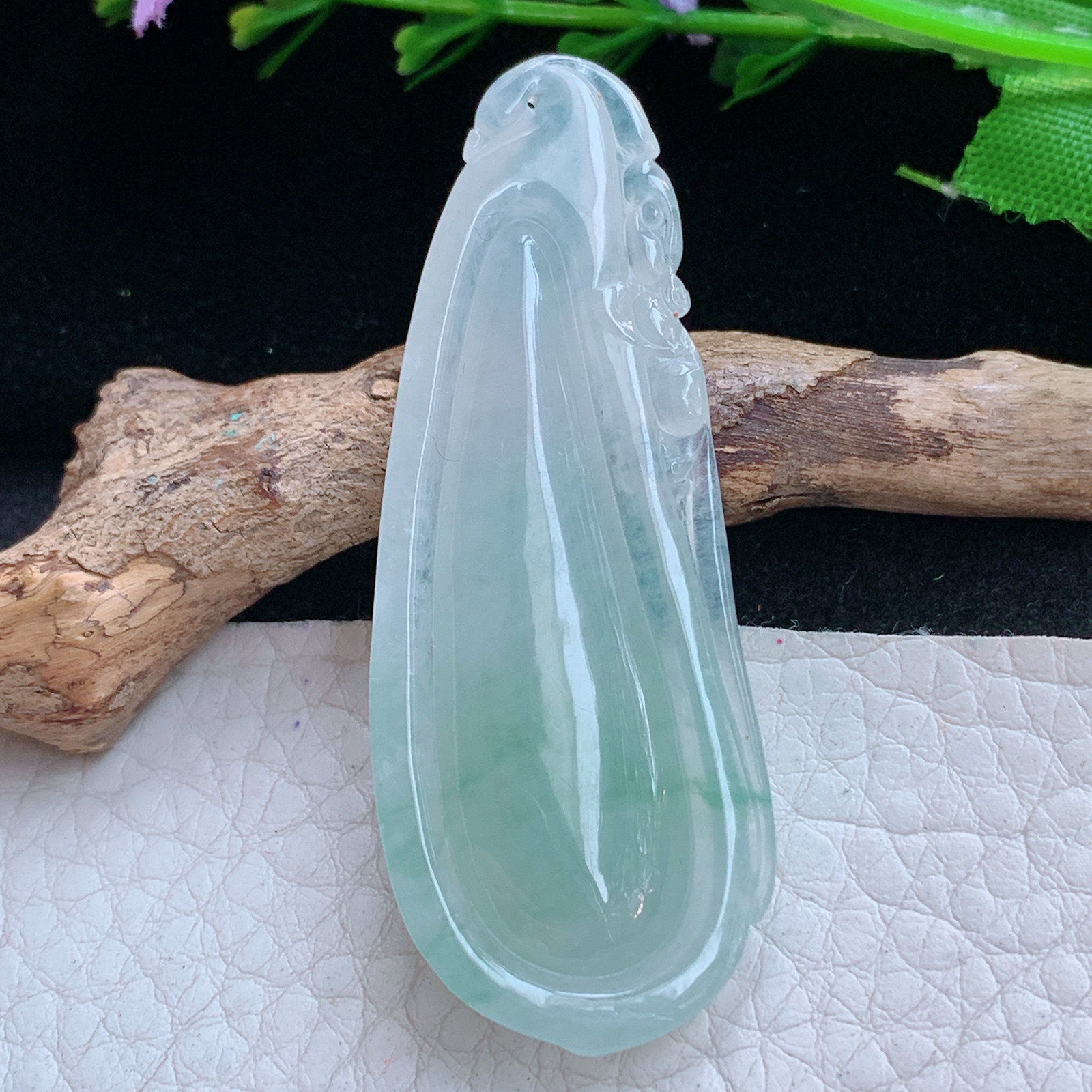 gp实拍56.5*21.6*7.6缅甸翡翠a货精雕冰飘花饱满大福瓜玉吊坠 玉挂件