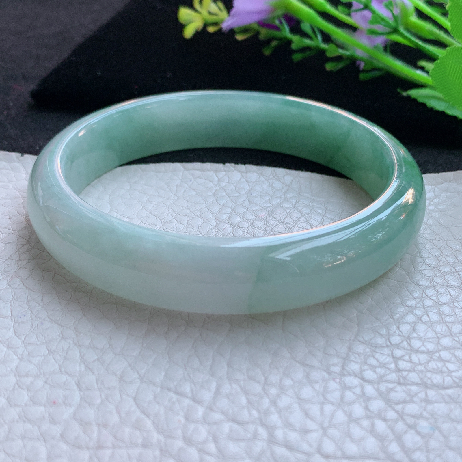 nr大圈口65*14*8平安镯 天然缅甸翡翠A货玉手镯飘花胶感宽边玉手环