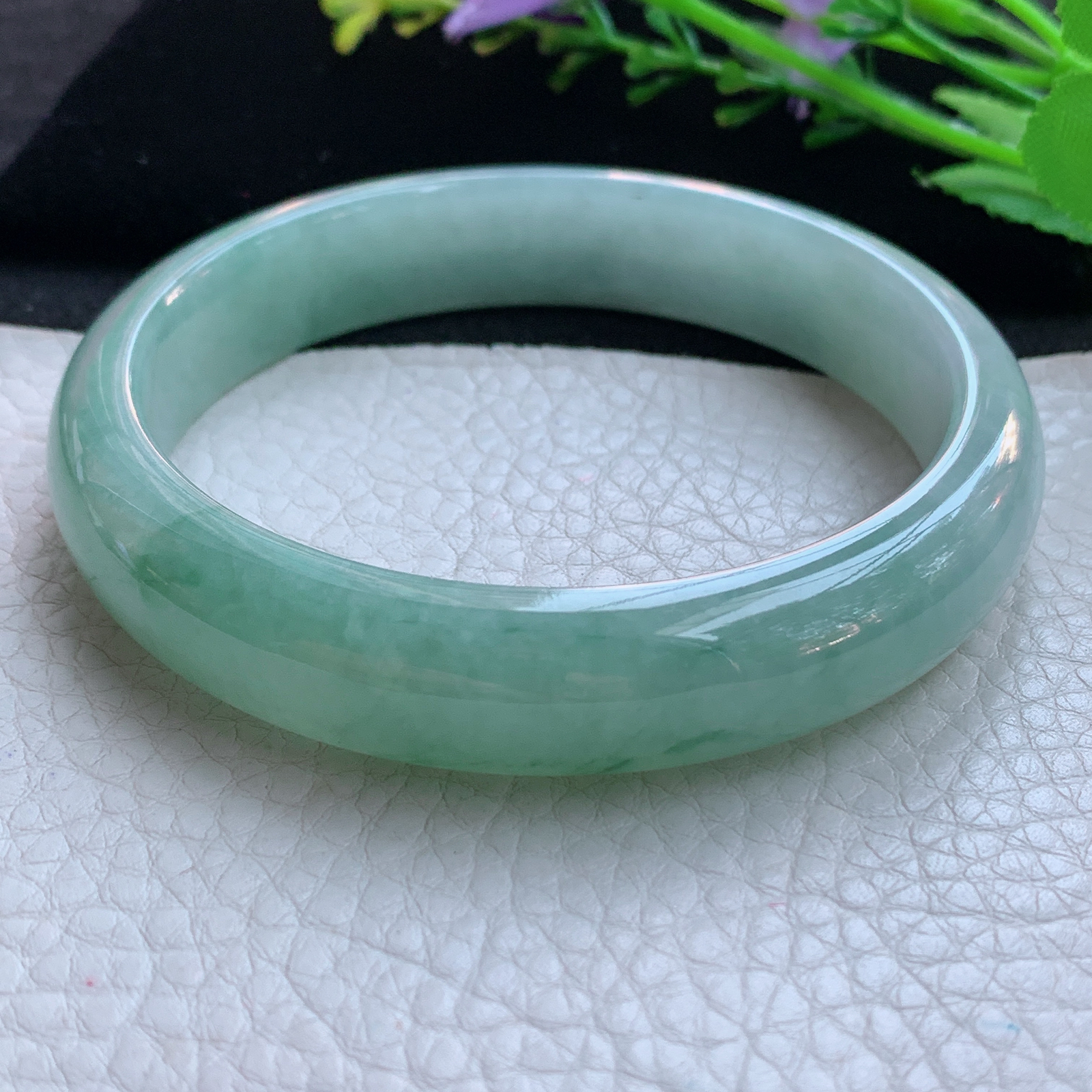 nr大圈口65*14*8平安镯 天然缅甸翡翠A货玉手镯飘花胶感宽边玉手环