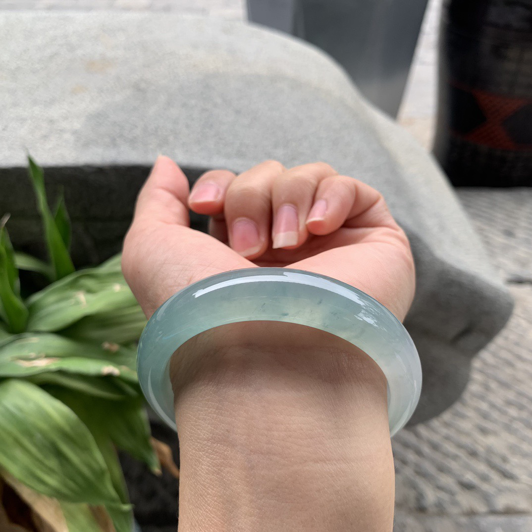 圈口 55.8-12.8-8.3【冰种晴蓝正圈手镯】正圈55 56可戴 冰透水润