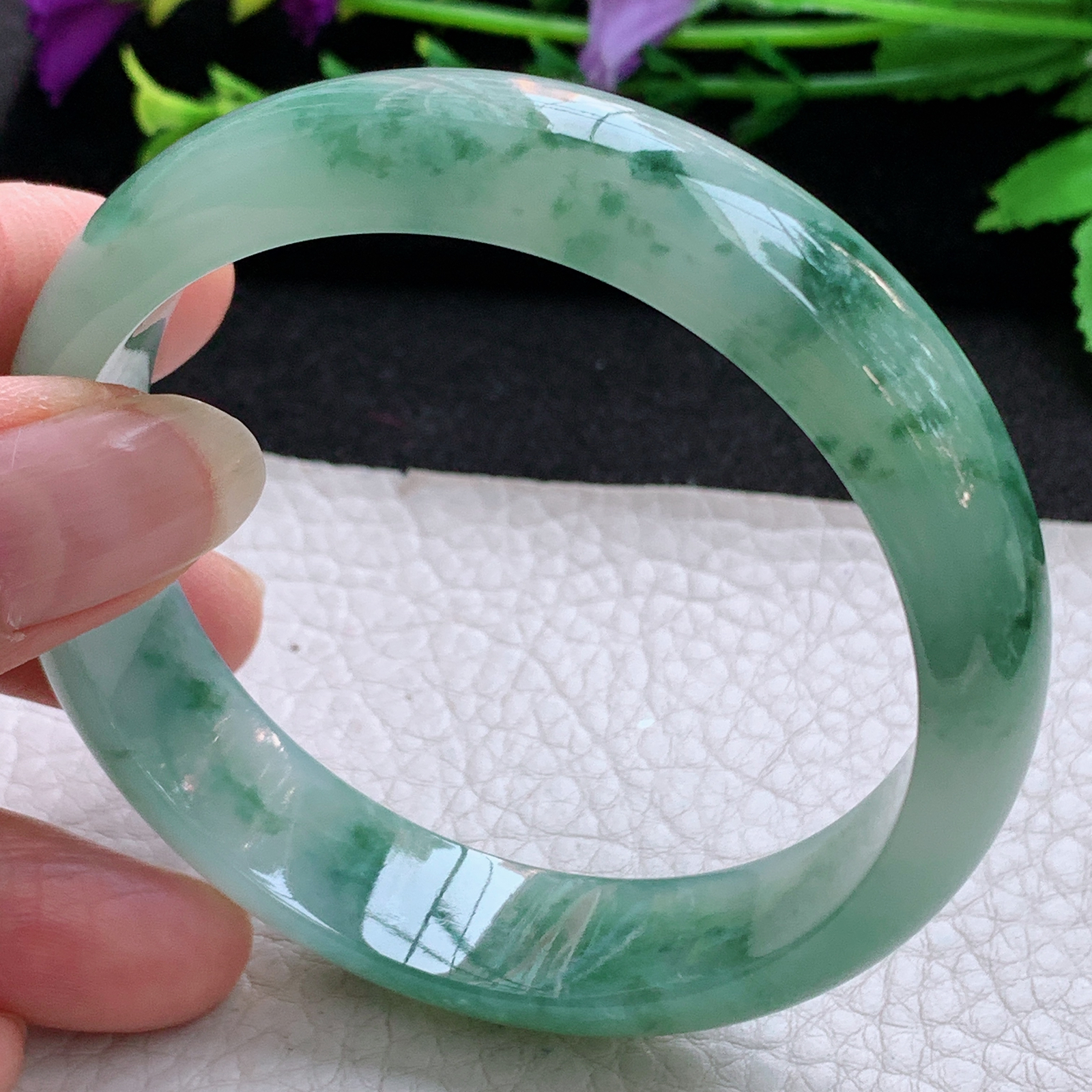 js飘逸款58.5*14.3*7.2平安镯 天然缅甸翡翠A货玉手镯冰飘花宽边玉手环