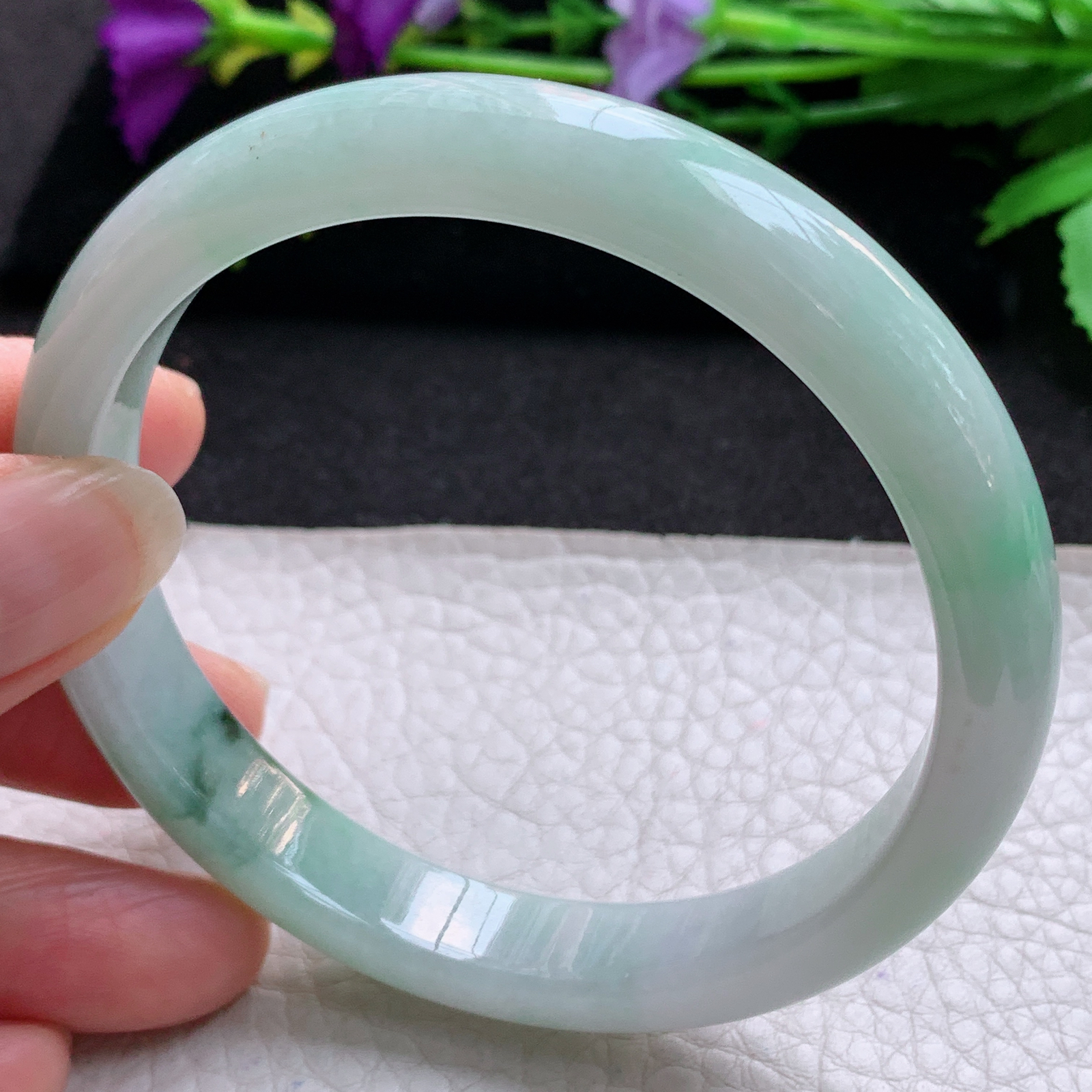 js大圈口61*11*7.5平安镯 天然缅甸翡翠A货玉手镯秀气三彩胶感宽边玉手环