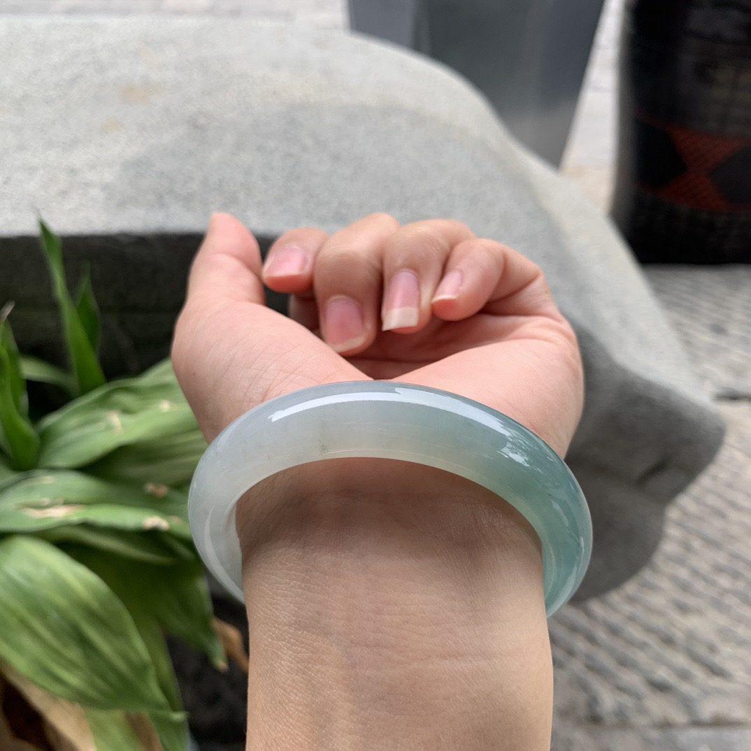 圈口 55.8-12.8-8.3【冰种晴蓝正圈手镯】正圈55 56可戴 冰透水润